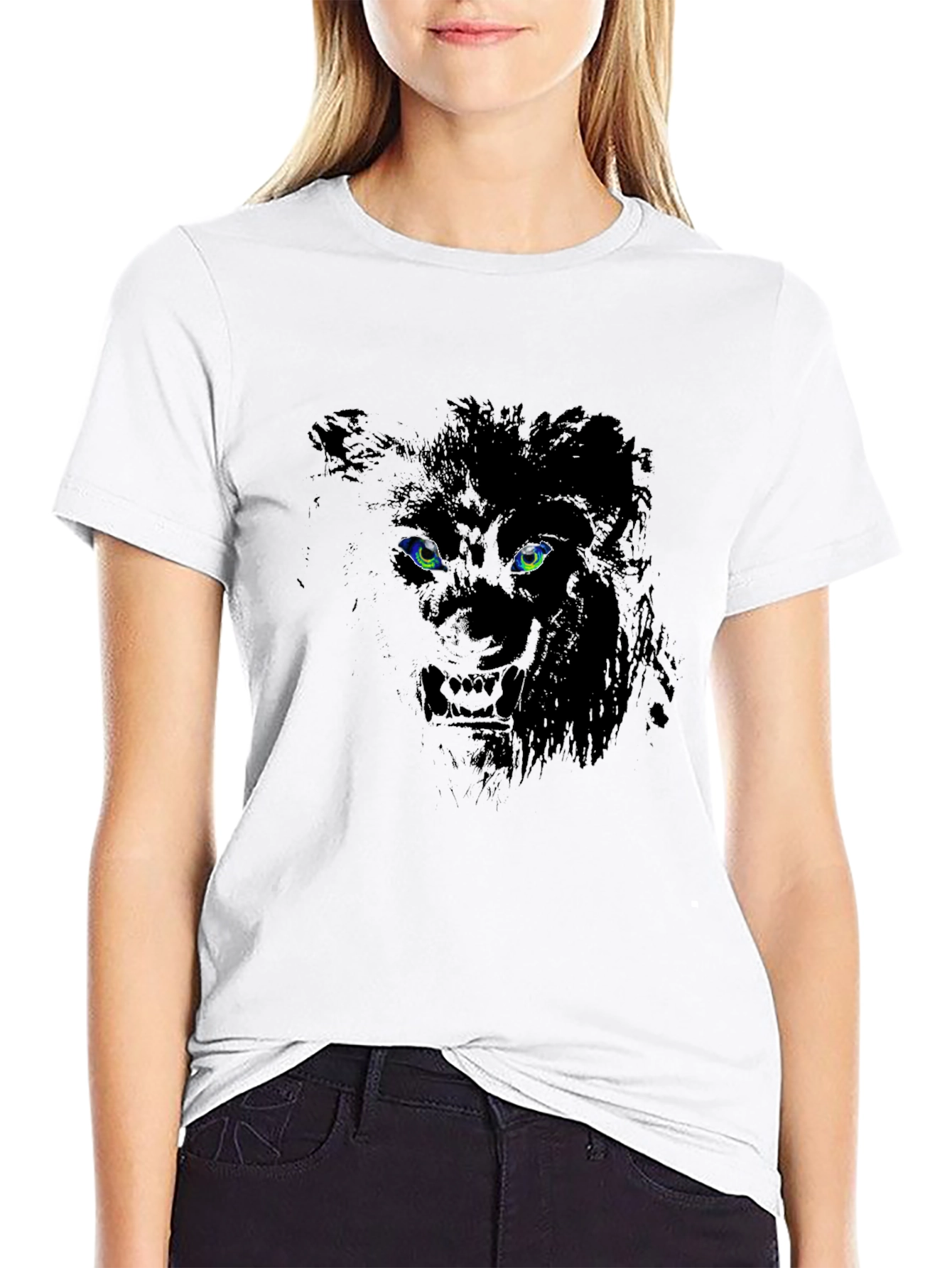 Lion Eyes Graphic Print Black T-Shirt