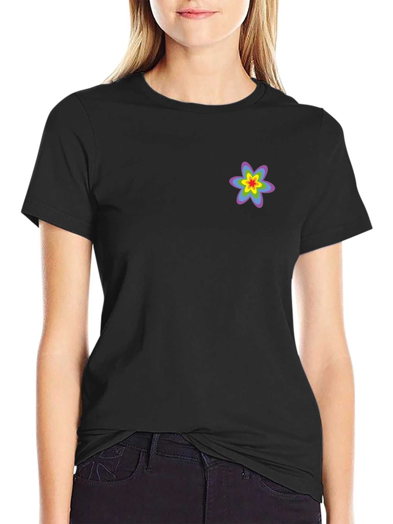Black T-Shirt with Rainbow Flower