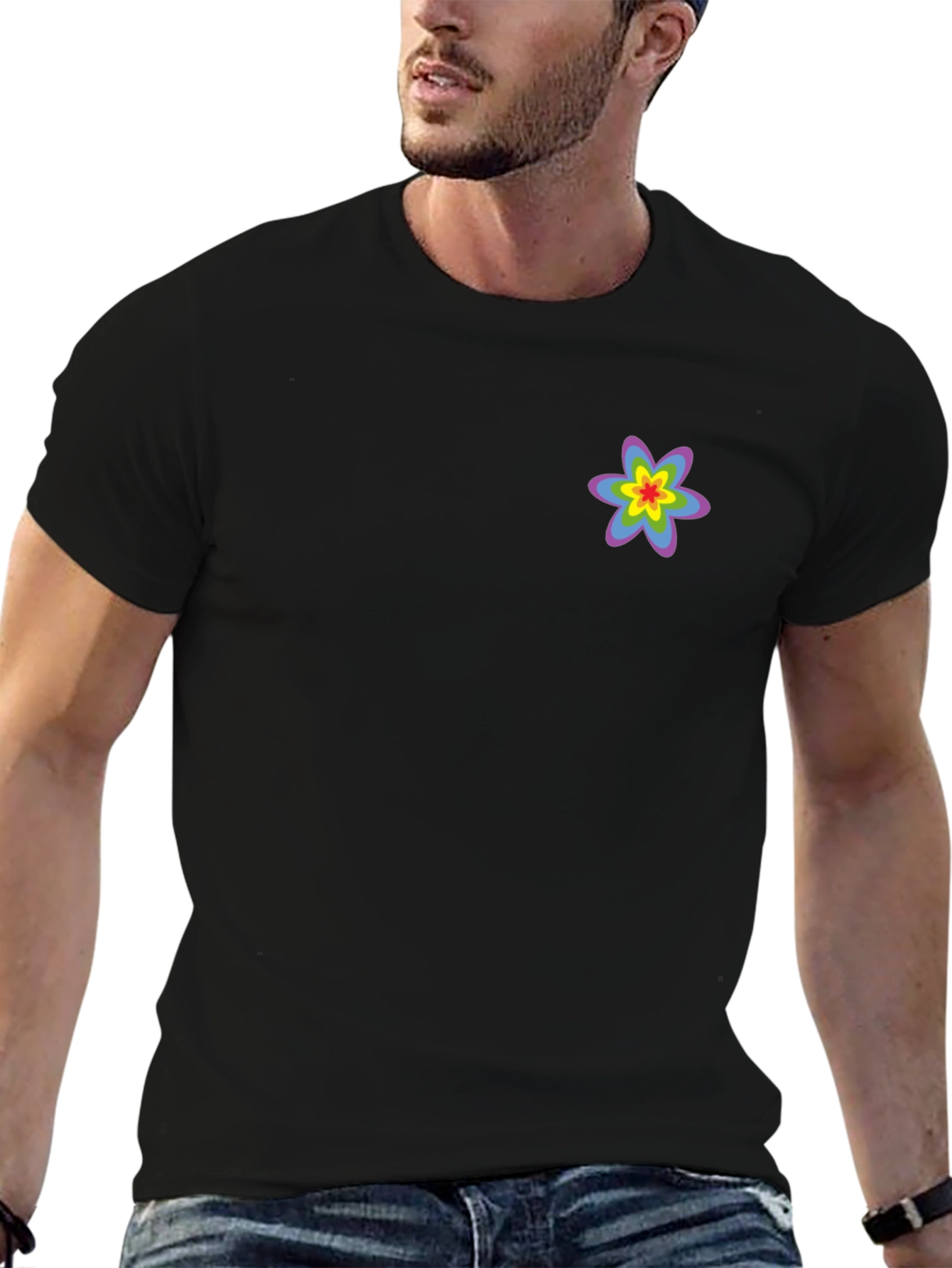 Black T-Shirt with Rainbow Flower