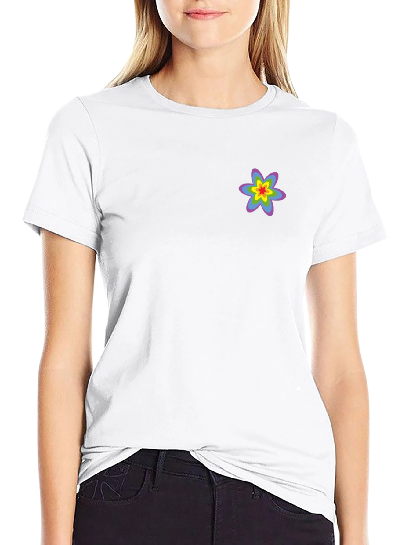 Black T-Shirt with Rainbow Flower