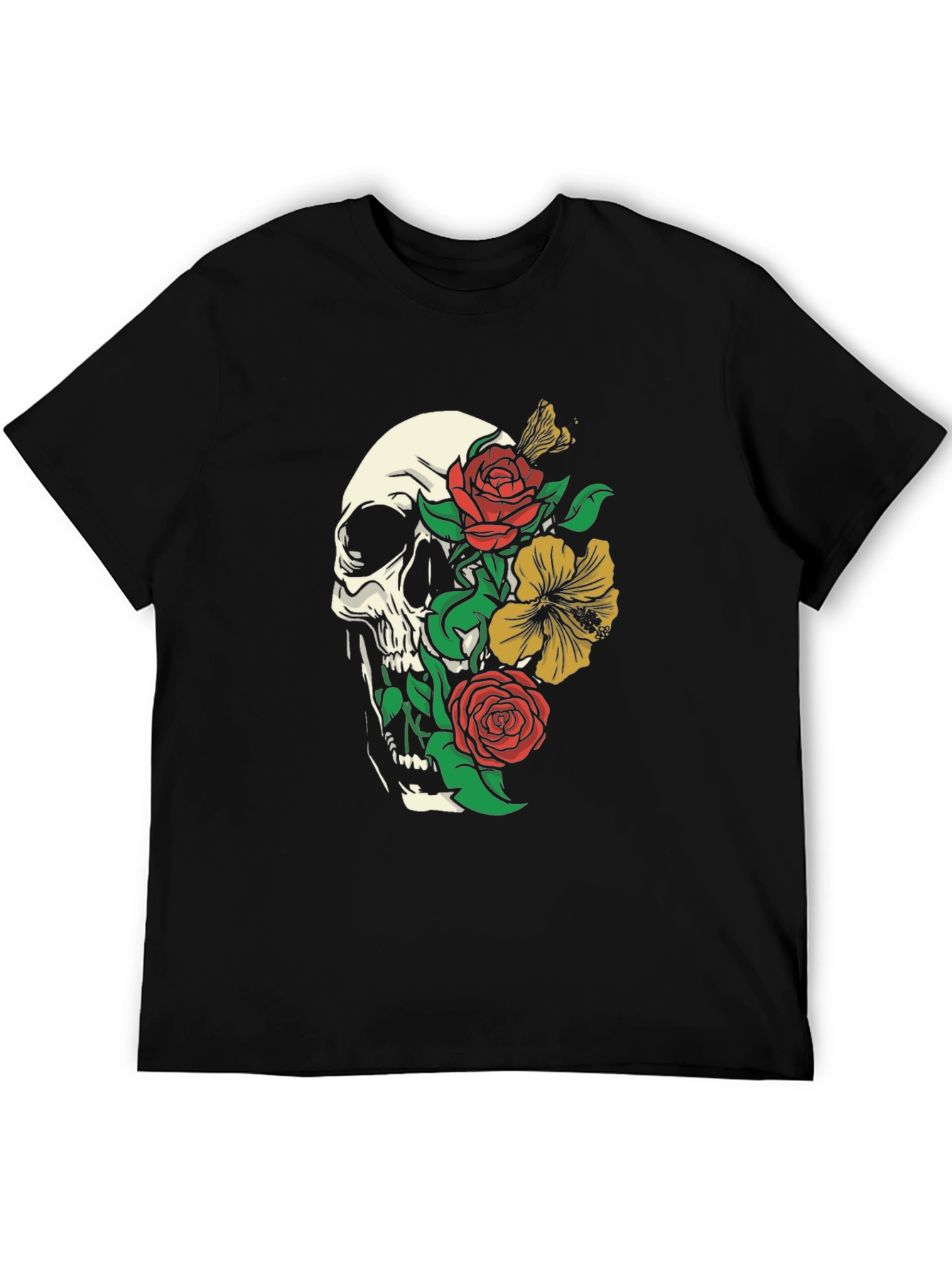 Skull and Floral Graphic Print T-Shirt - Black