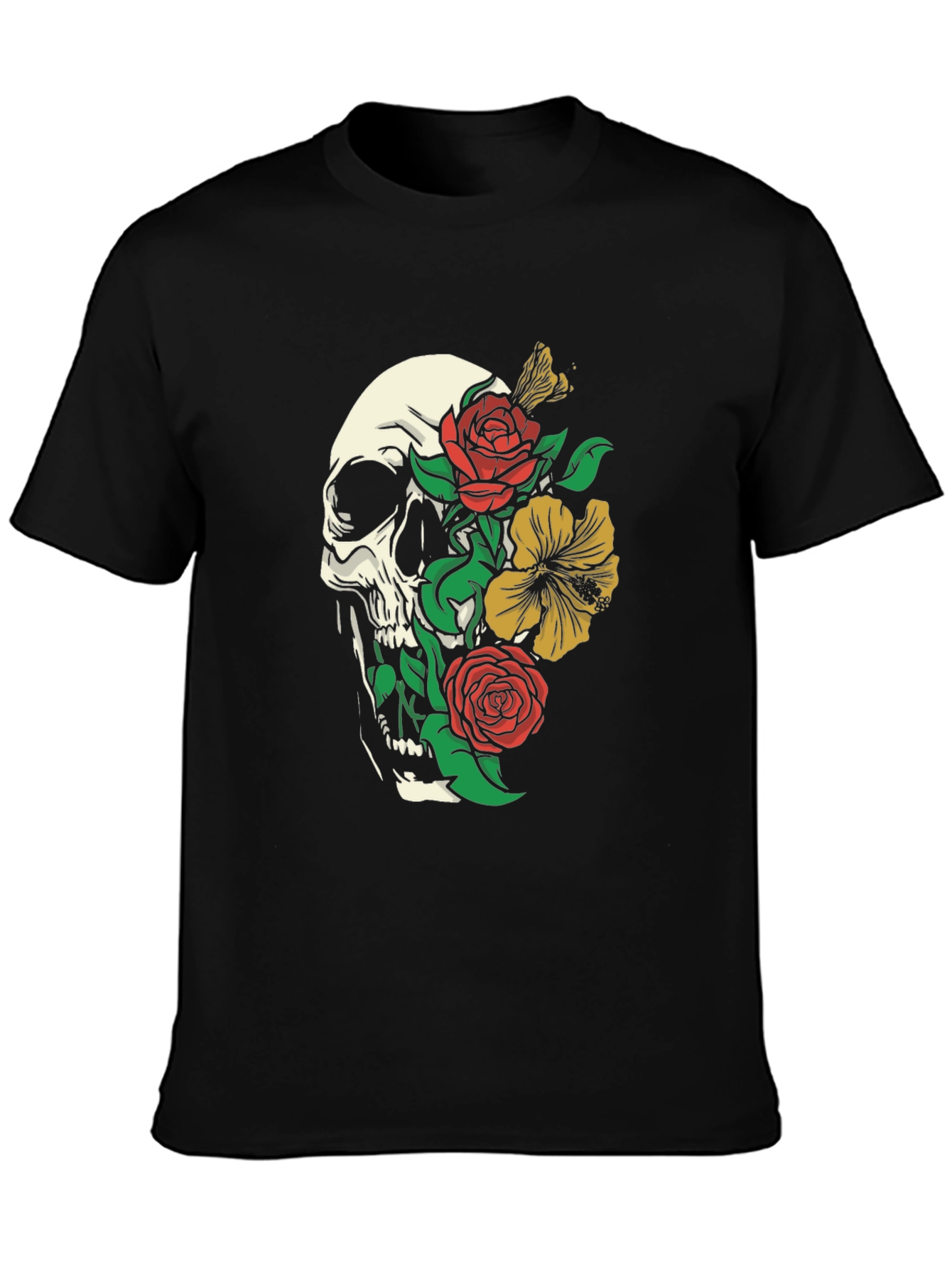 Skull and Floral Graphic Print T-Shirt - Black