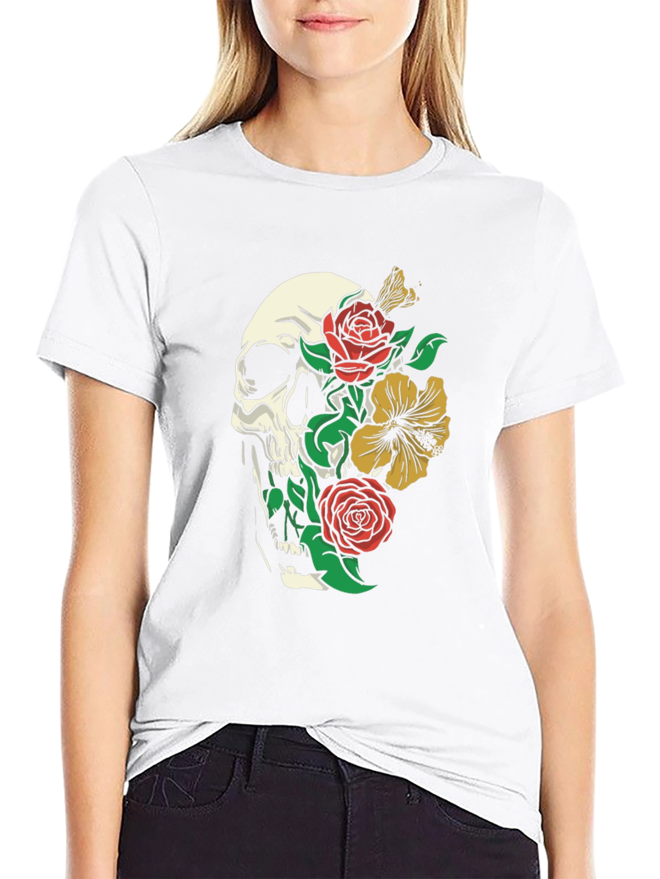 Skull and Floral Graphic Print T-Shirt - Black