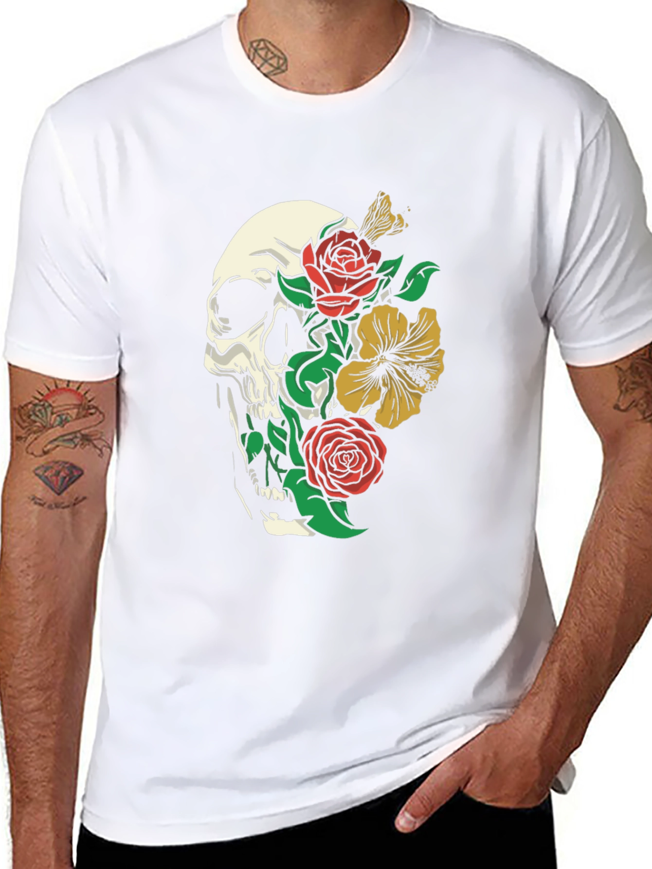 Skull and Floral Graphic Print T-Shirt - Black
