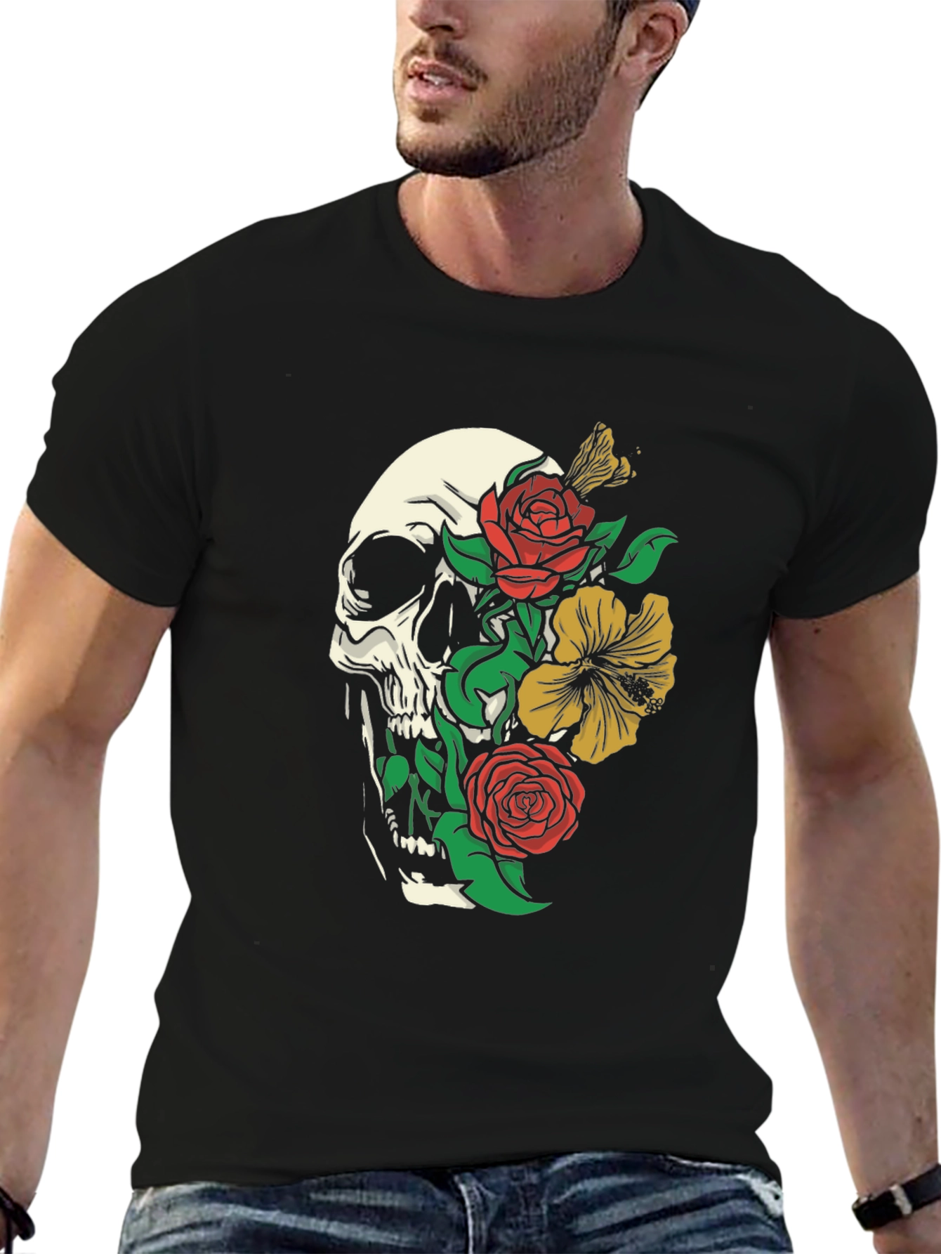 Skull and Floral Graphic Print T-Shirt - Black
