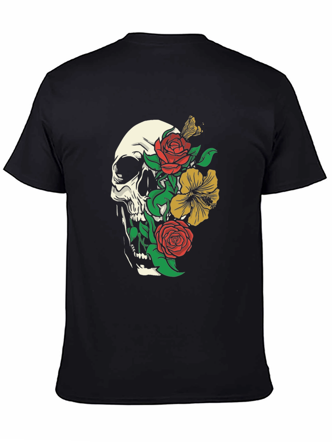 Skull and Floral Graphic Print T-Shirt - Black