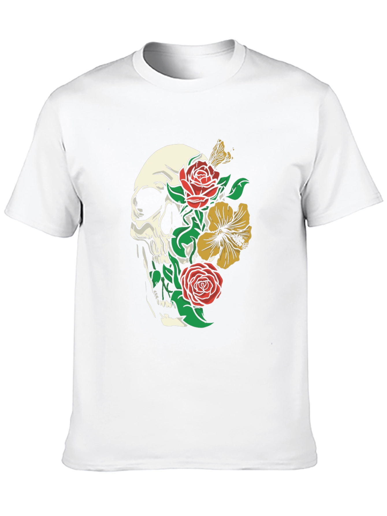 Skull and Floral Graphic Print T-Shirt - Black