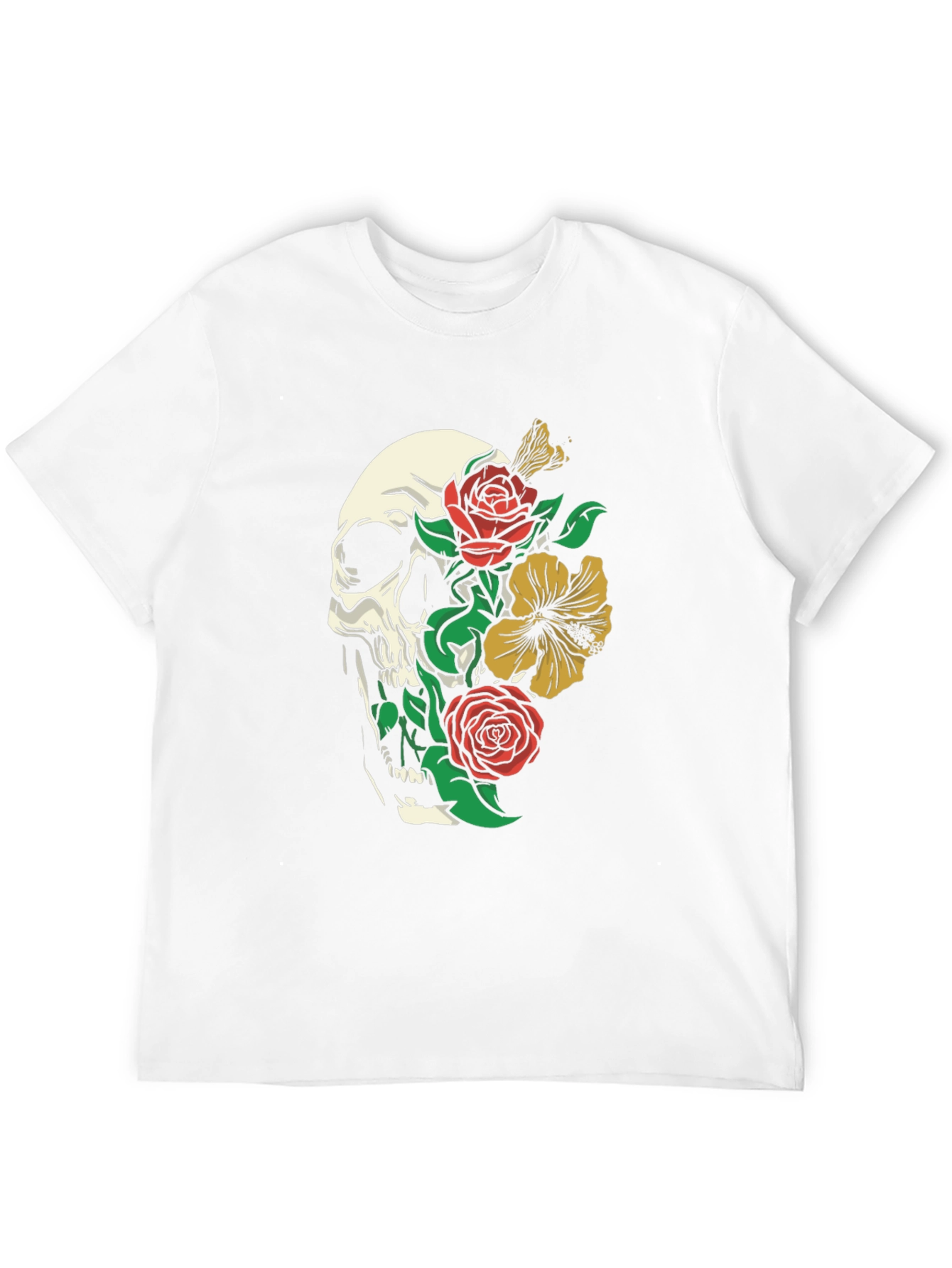 Skull and Floral Graphic Print T-Shirt - Black
