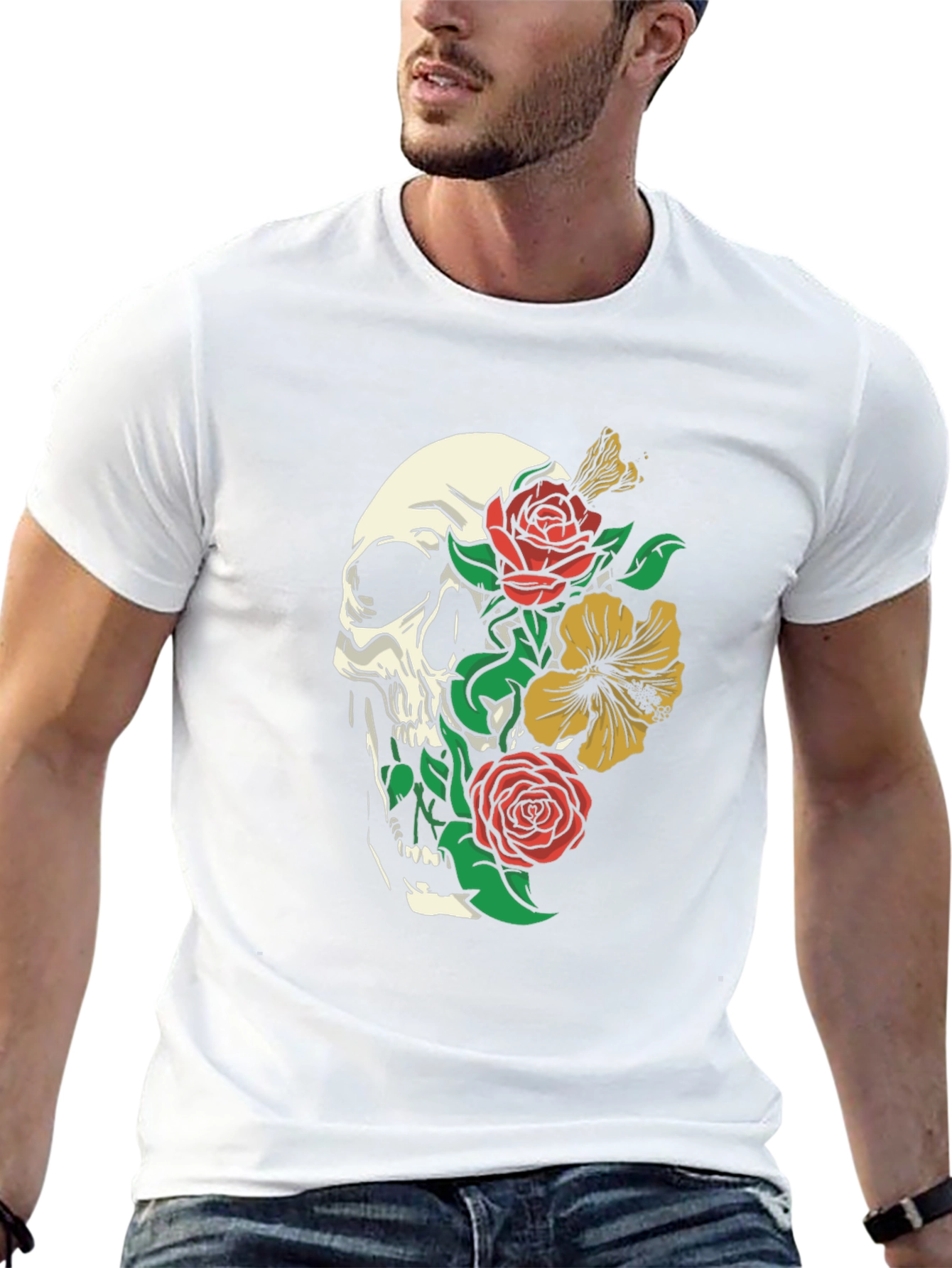 Skull and Floral Graphic Print T-Shirt - Black