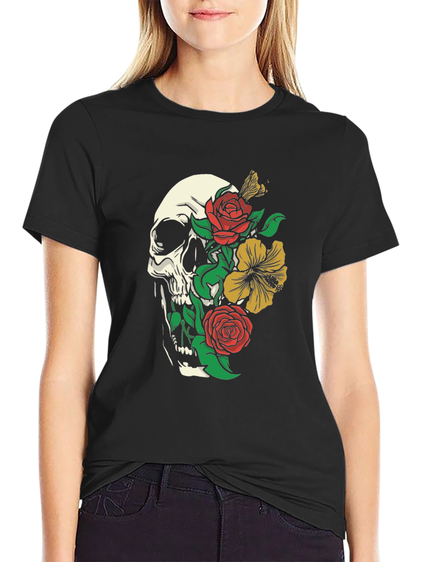 Skull and Floral Graphic Print T-Shirt - Black