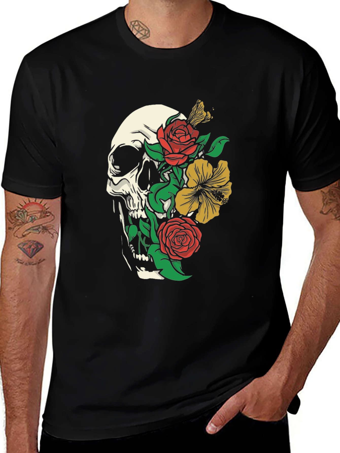 Skull and Floral Graphic Print T-Shirt - Black