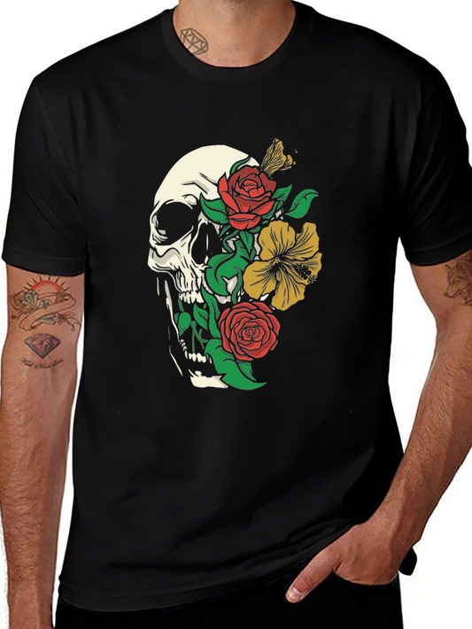 Skull and Floral Graphic Print T-Shirt - Black