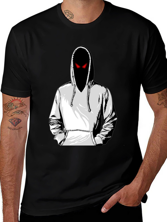 Mens Graphic Tee: Hooded Figure with Red Eyes
