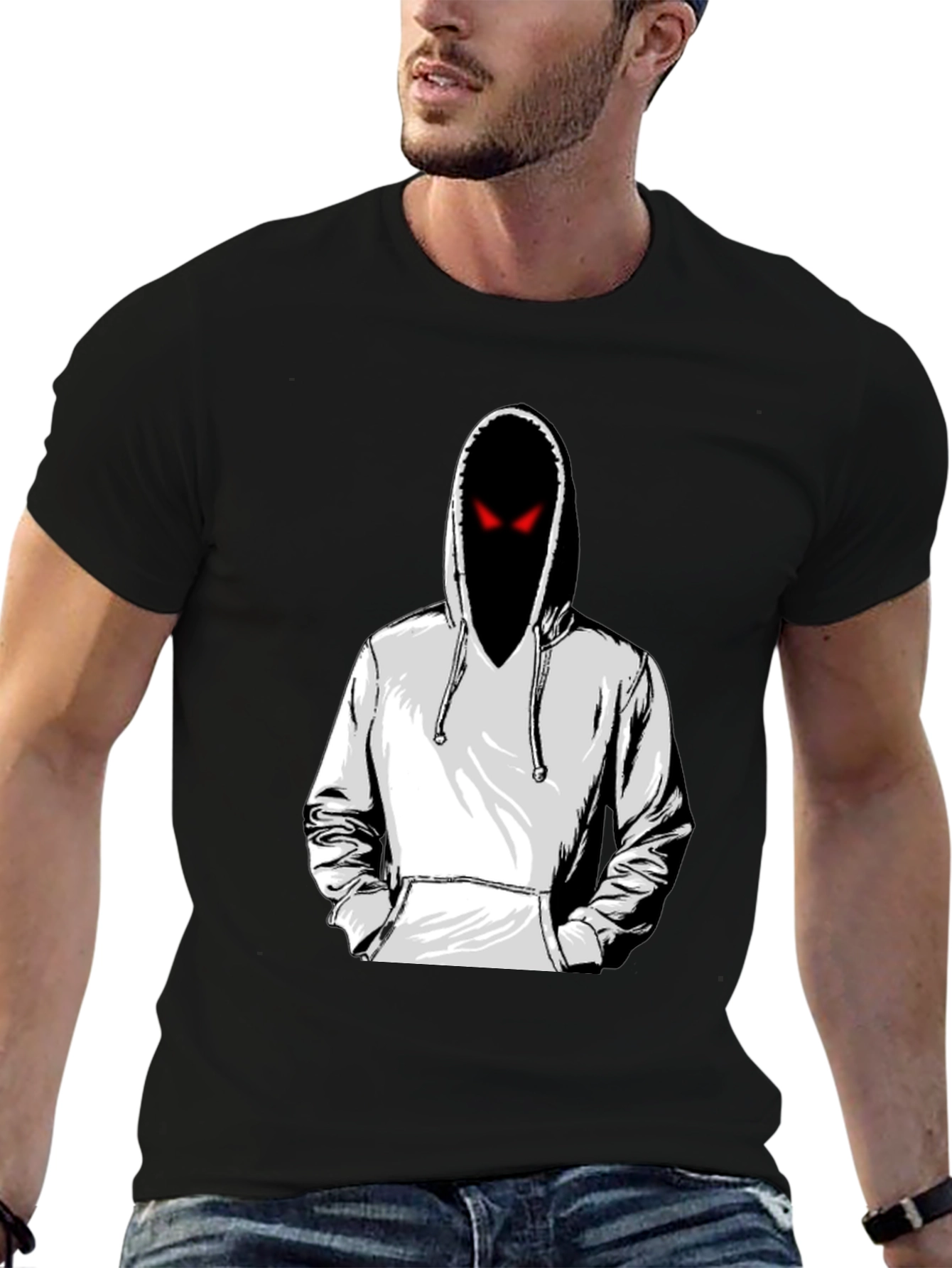 Mens Graphic Tee: Hooded Figure with Red Eyes