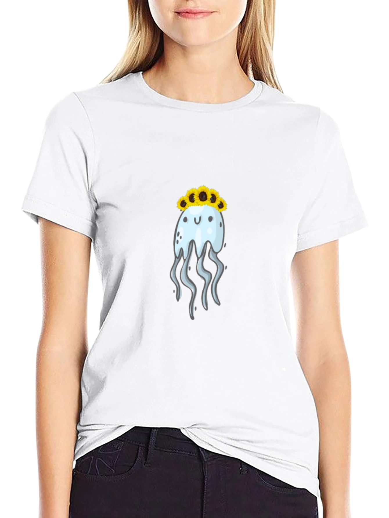 Jellyfish Sunflower Crown Black T-Shirt