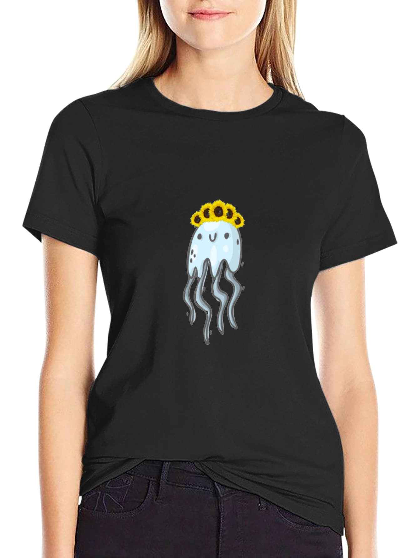 Jellyfish Sunflower Crown Black T-Shirt