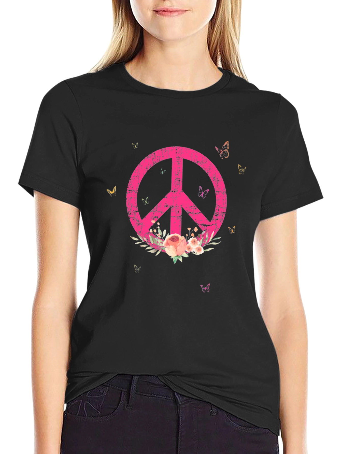 Floral Peace Sign Graphic Tee - Relaxed Fit