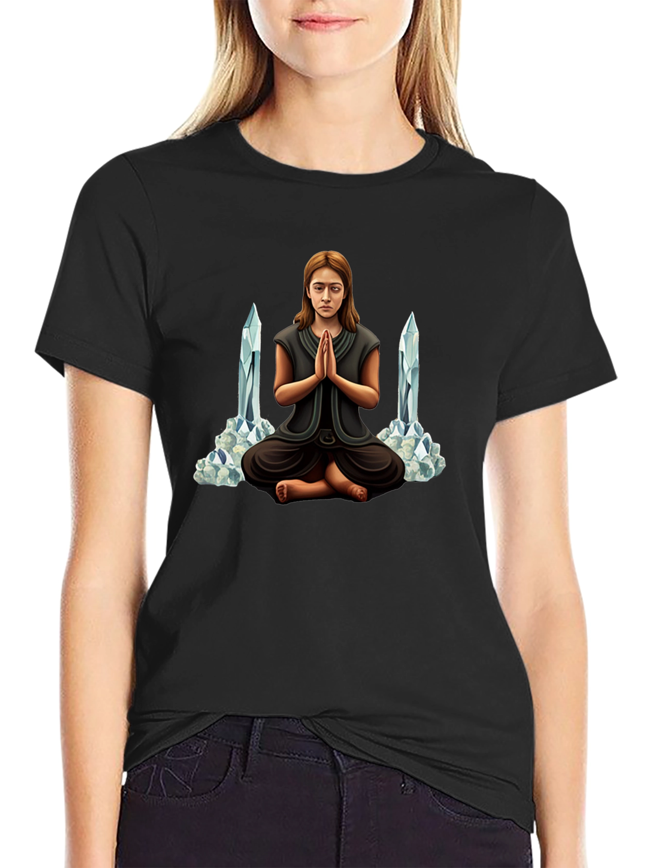 Meditating Woman with Crystals Graphic Tee