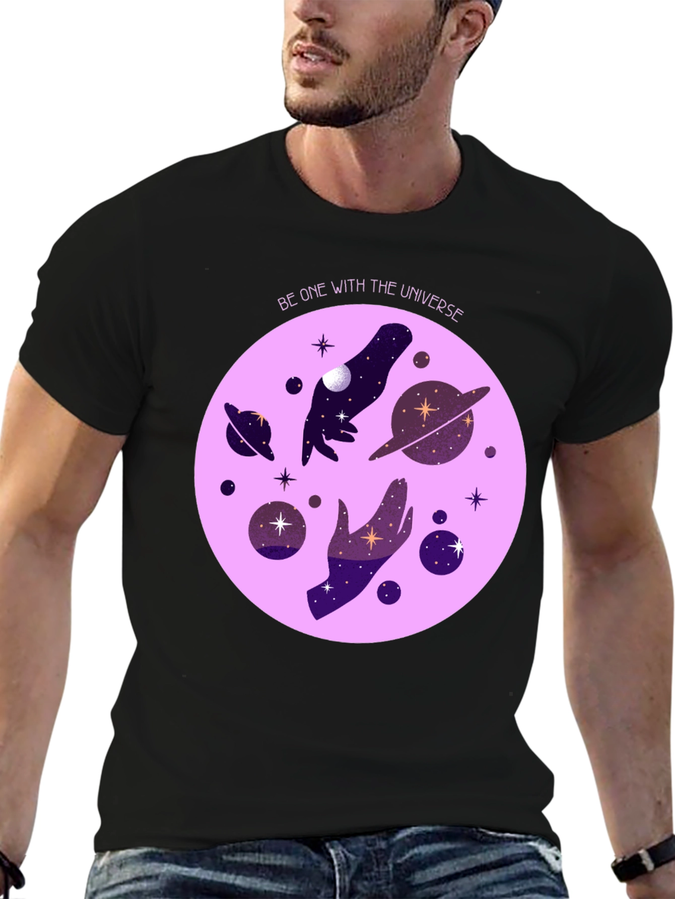 Cosmic Universe Graphic T-Shirt - Celestial Hands Design