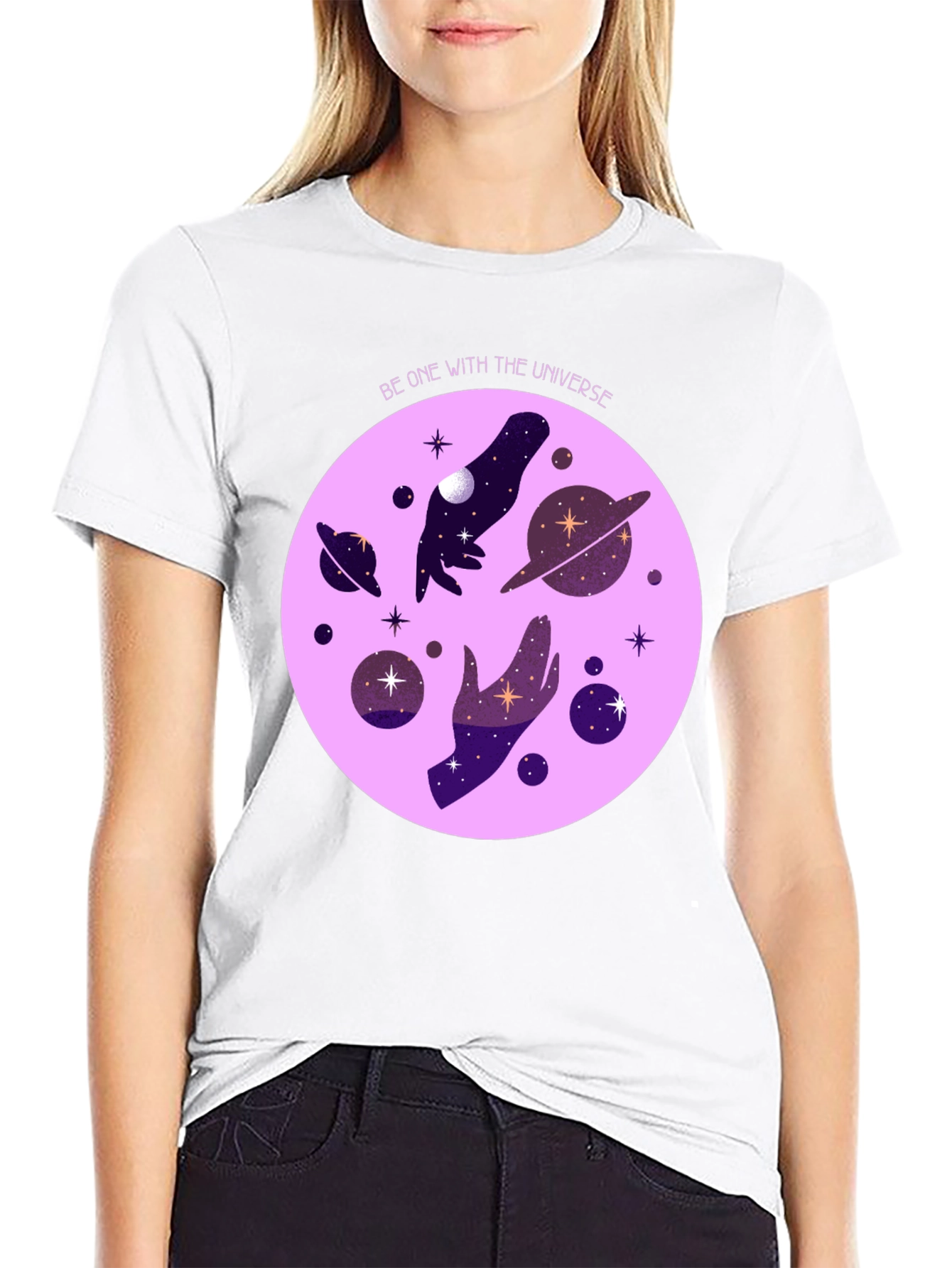 Cosmic Universe Graphic T-Shirt - Celestial Hands Design