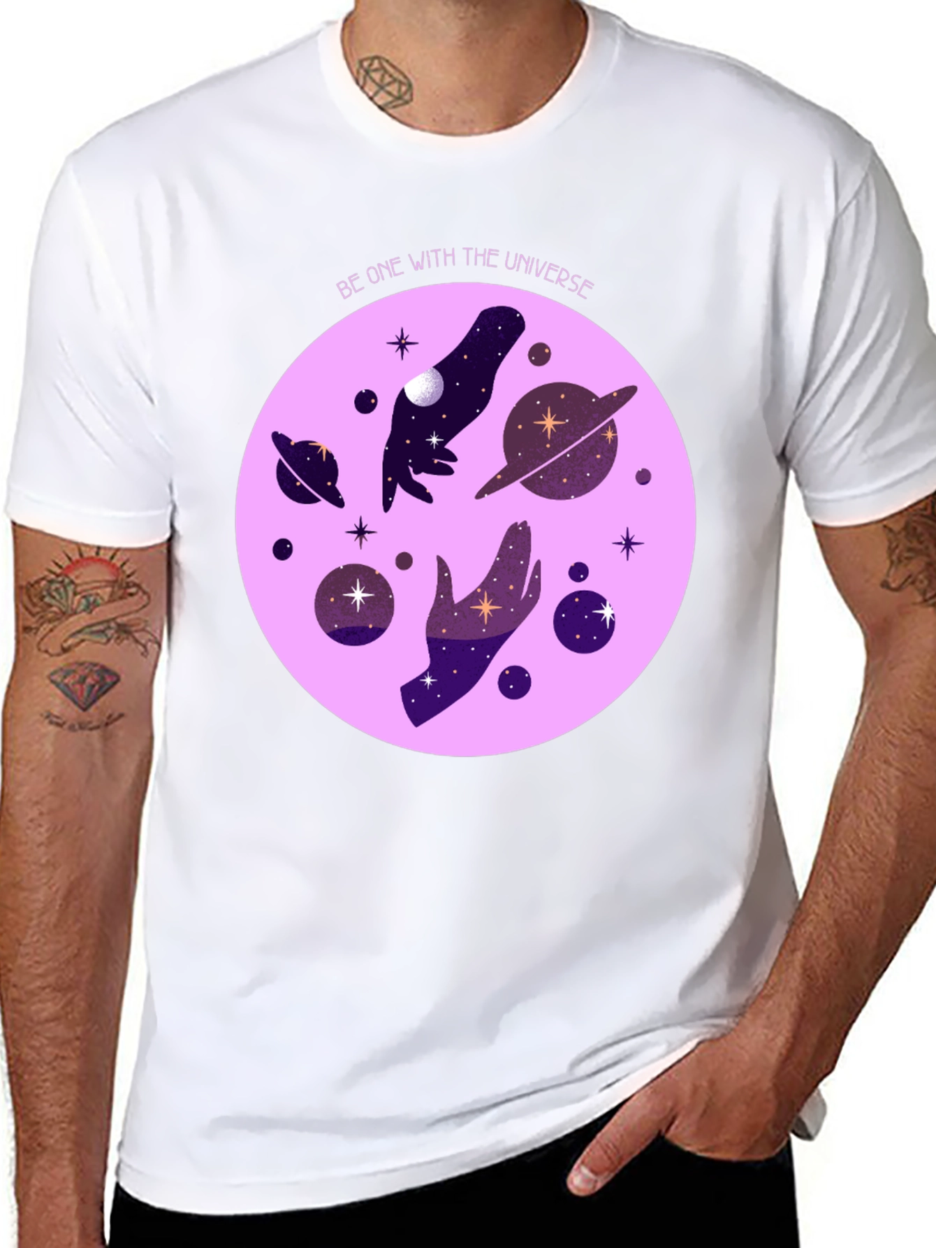 Cosmic Universe Graphic T-Shirt - Celestial Hands Design