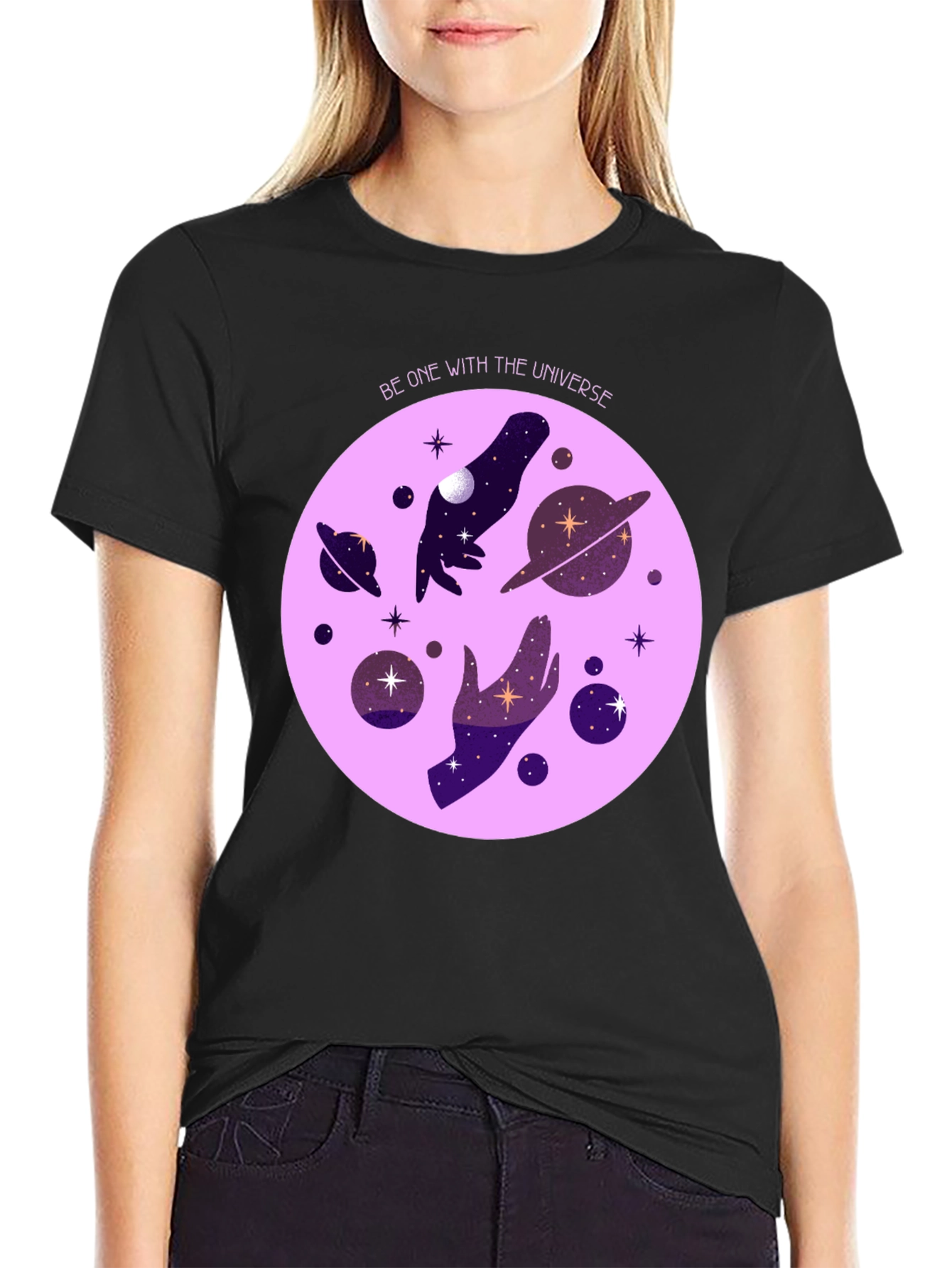 Cosmic Universe Graphic T-Shirt - Celestial Hands Design