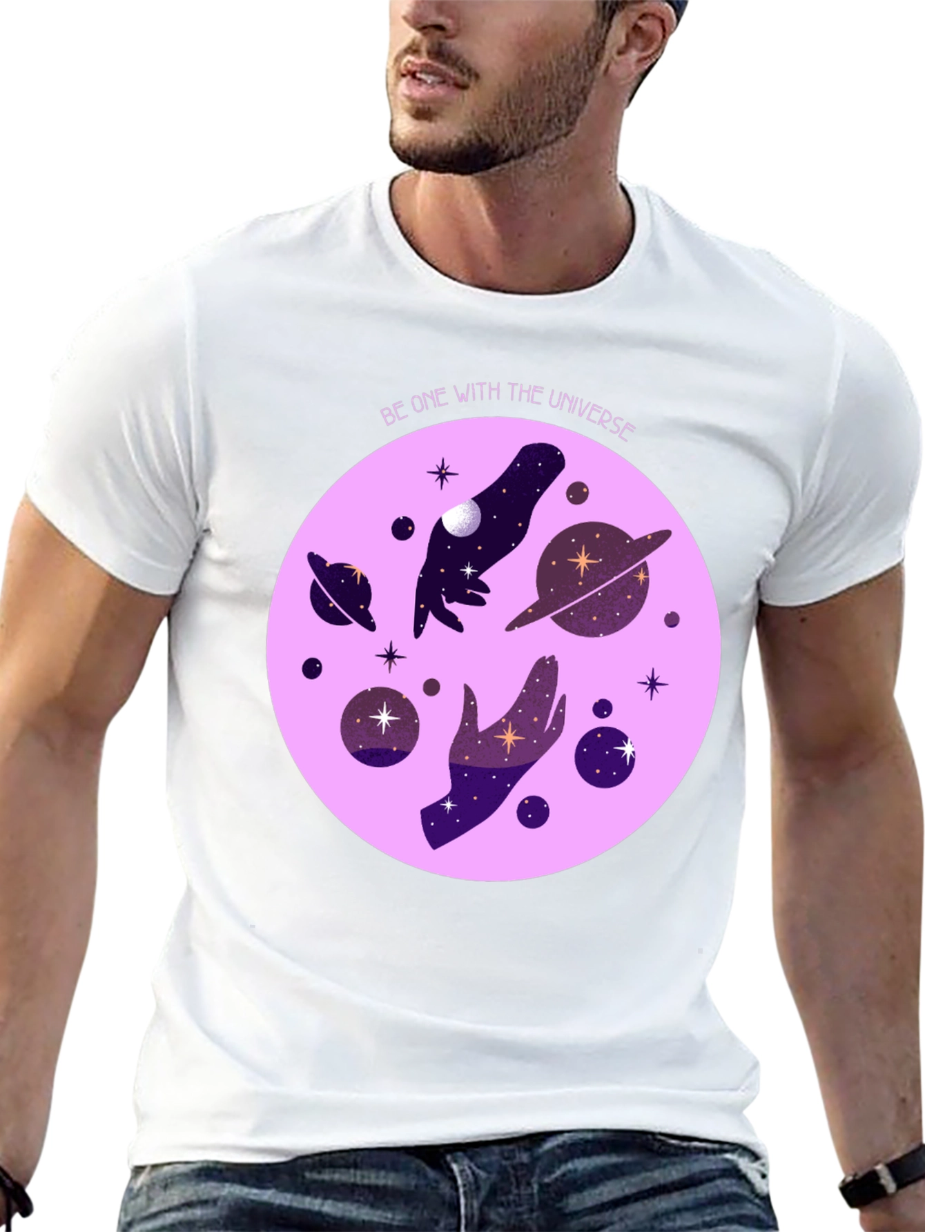 Cosmic Universe Graphic T-Shirt - Celestial Hands Design