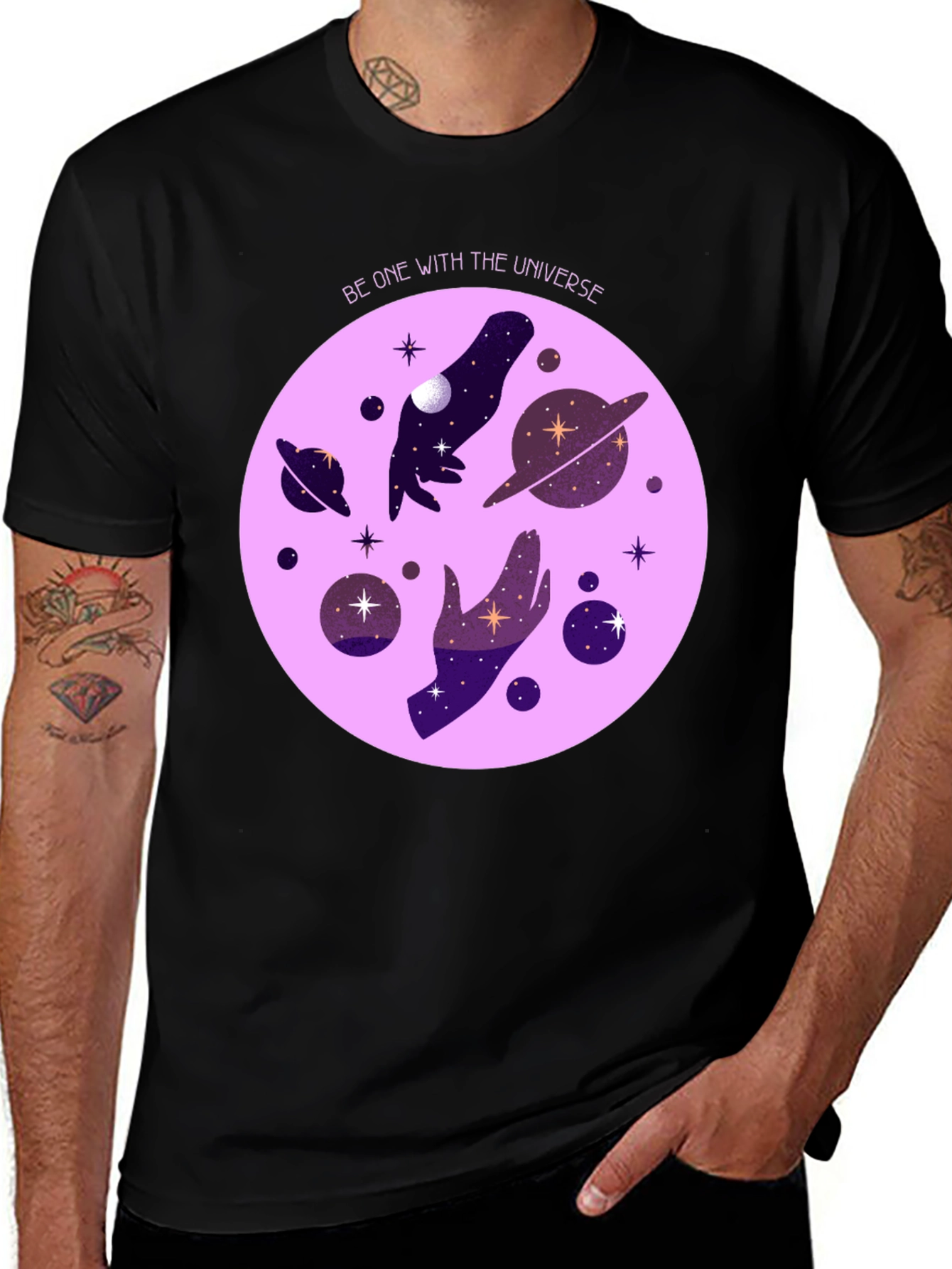 Cosmic Universe Graphic T-Shirt - Celestial Hands Design