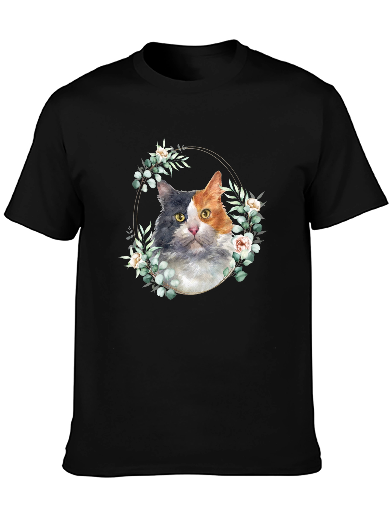 Cat Floral Wreath Graphic Tee - Black