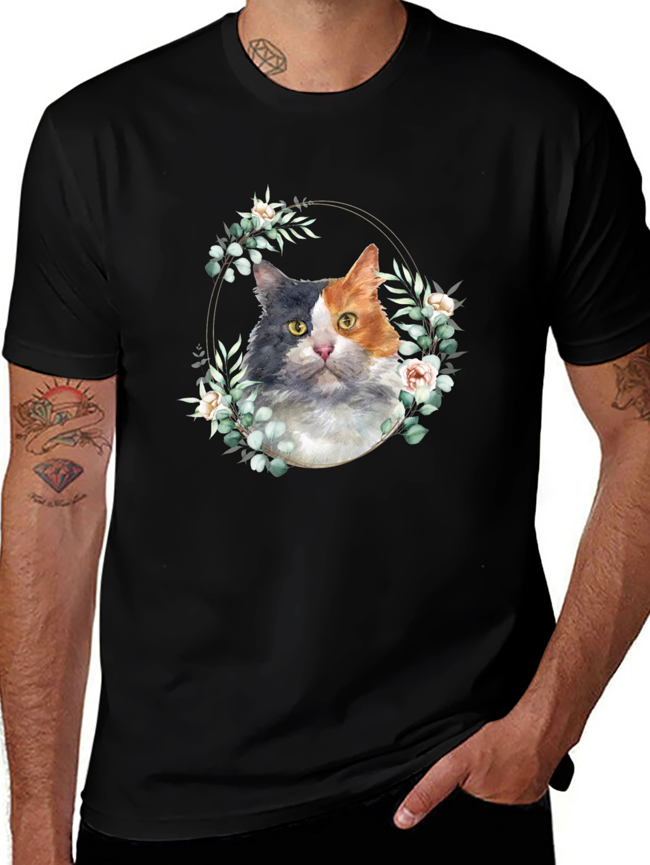 Cat Floral Wreath Graphic Tee - Black