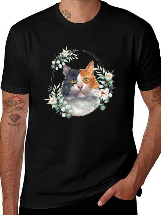 Cat Floral Wreath Graphic Tee - Black