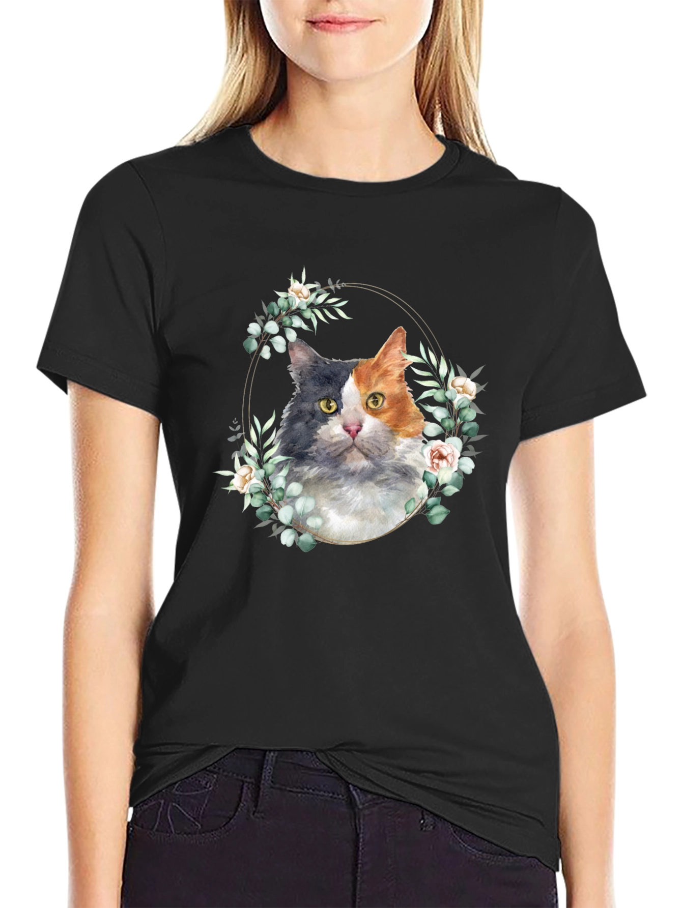 Cat Floral Wreath Graphic Tee - Black