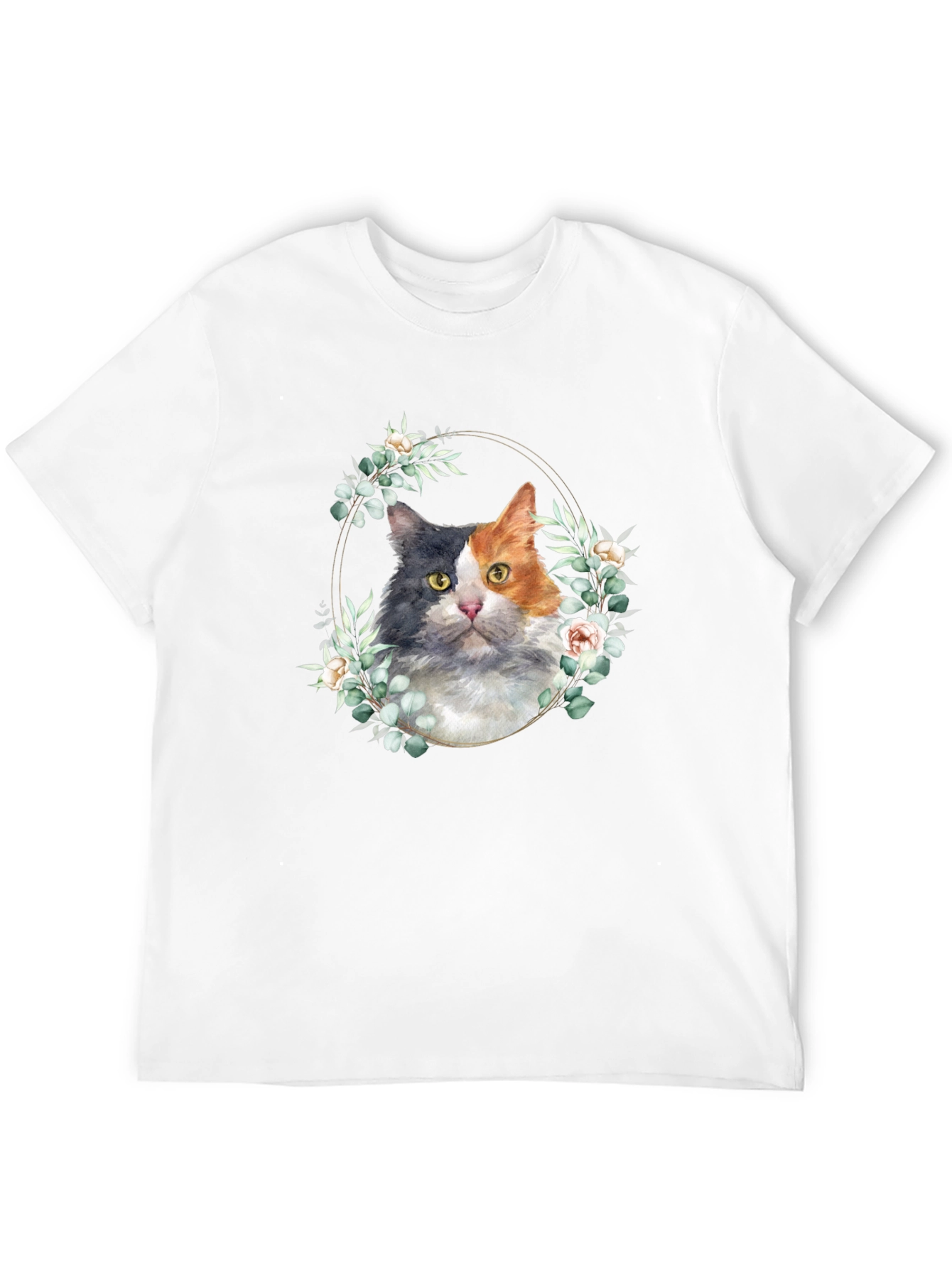 Cat Floral Wreath Graphic Tee - Black