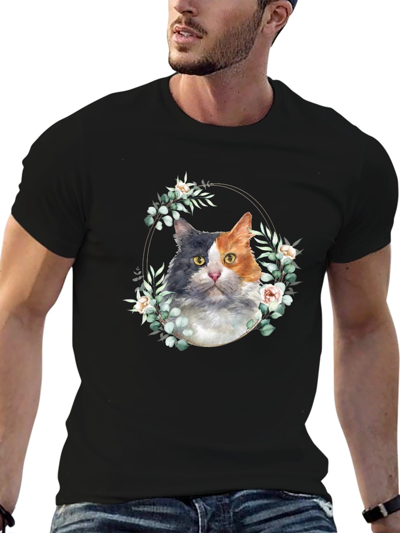 Cat Floral Wreath Graphic Tee - Black