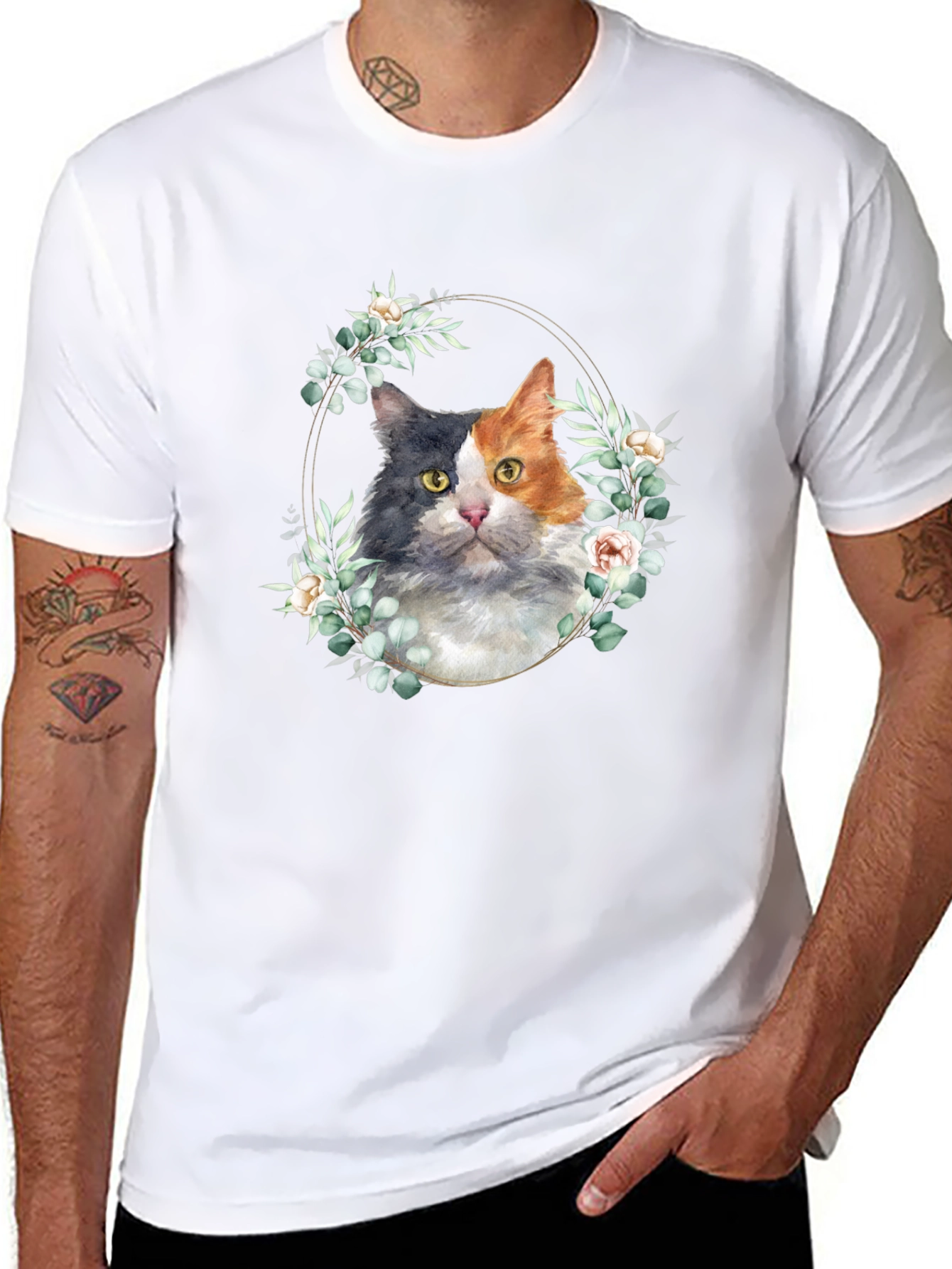 Cat Floral Wreath Graphic Tee - Black