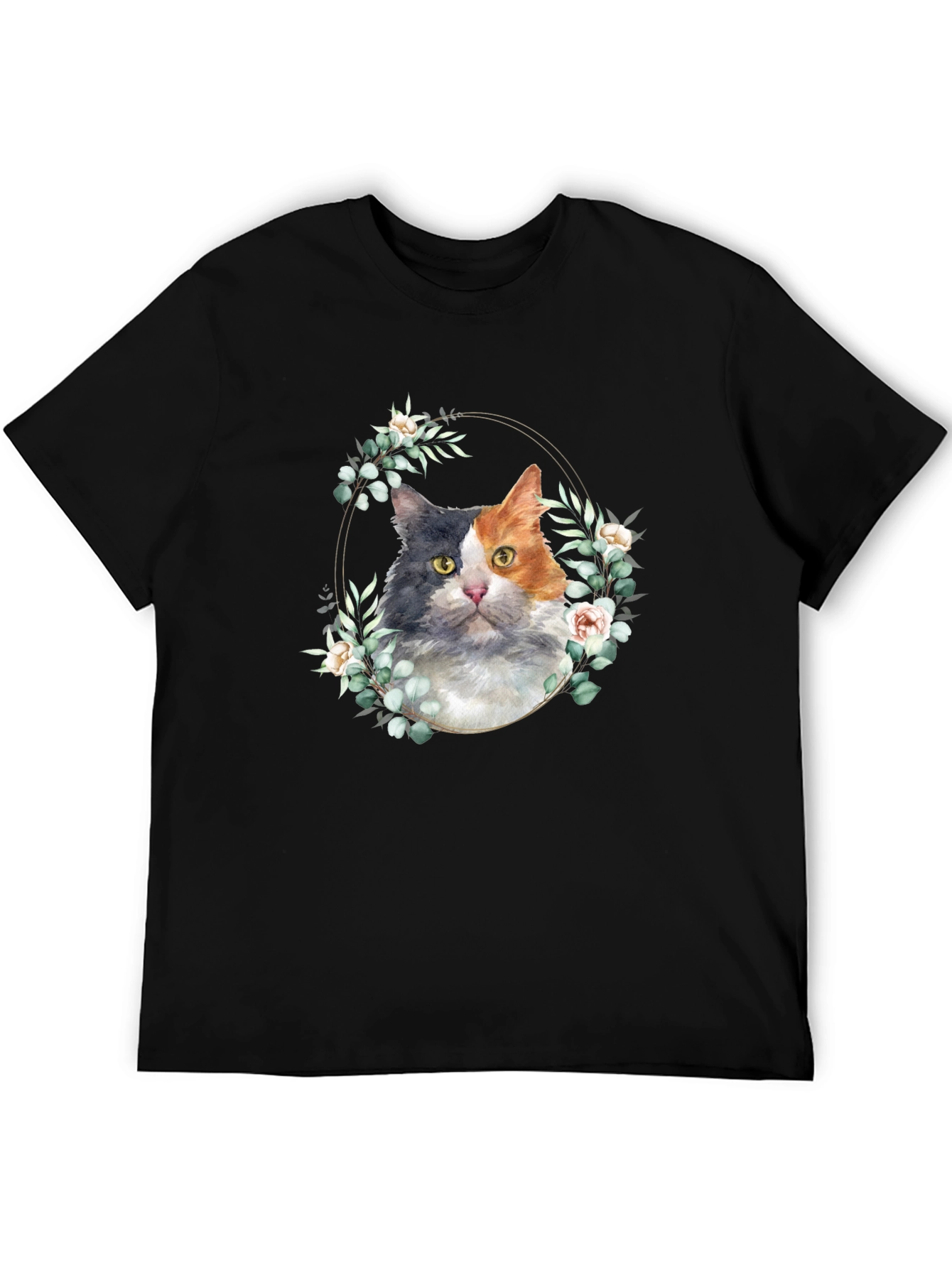 Cat Floral Wreath Graphic Tee - Black