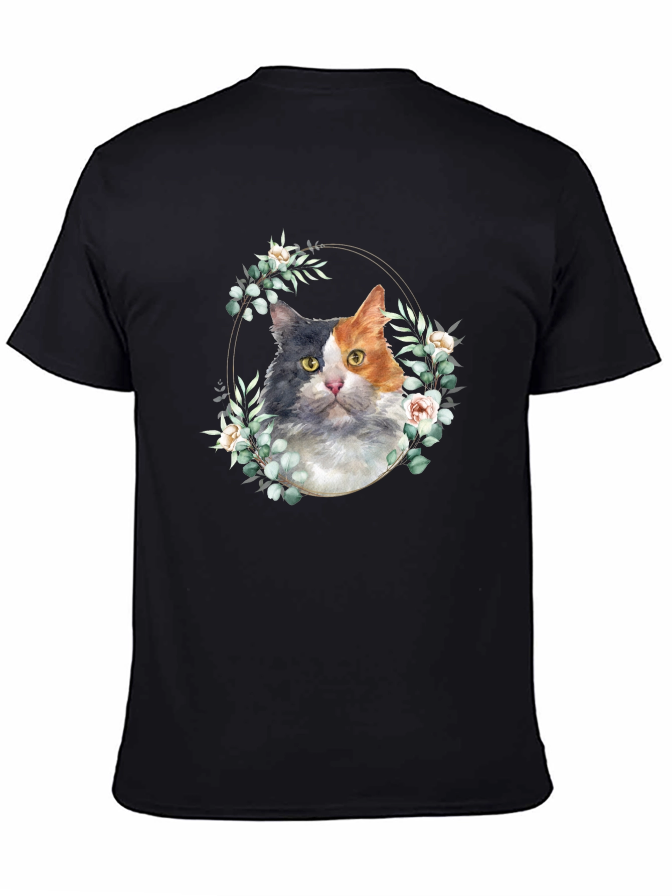 Cat Floral Wreath Graphic Tee - Black