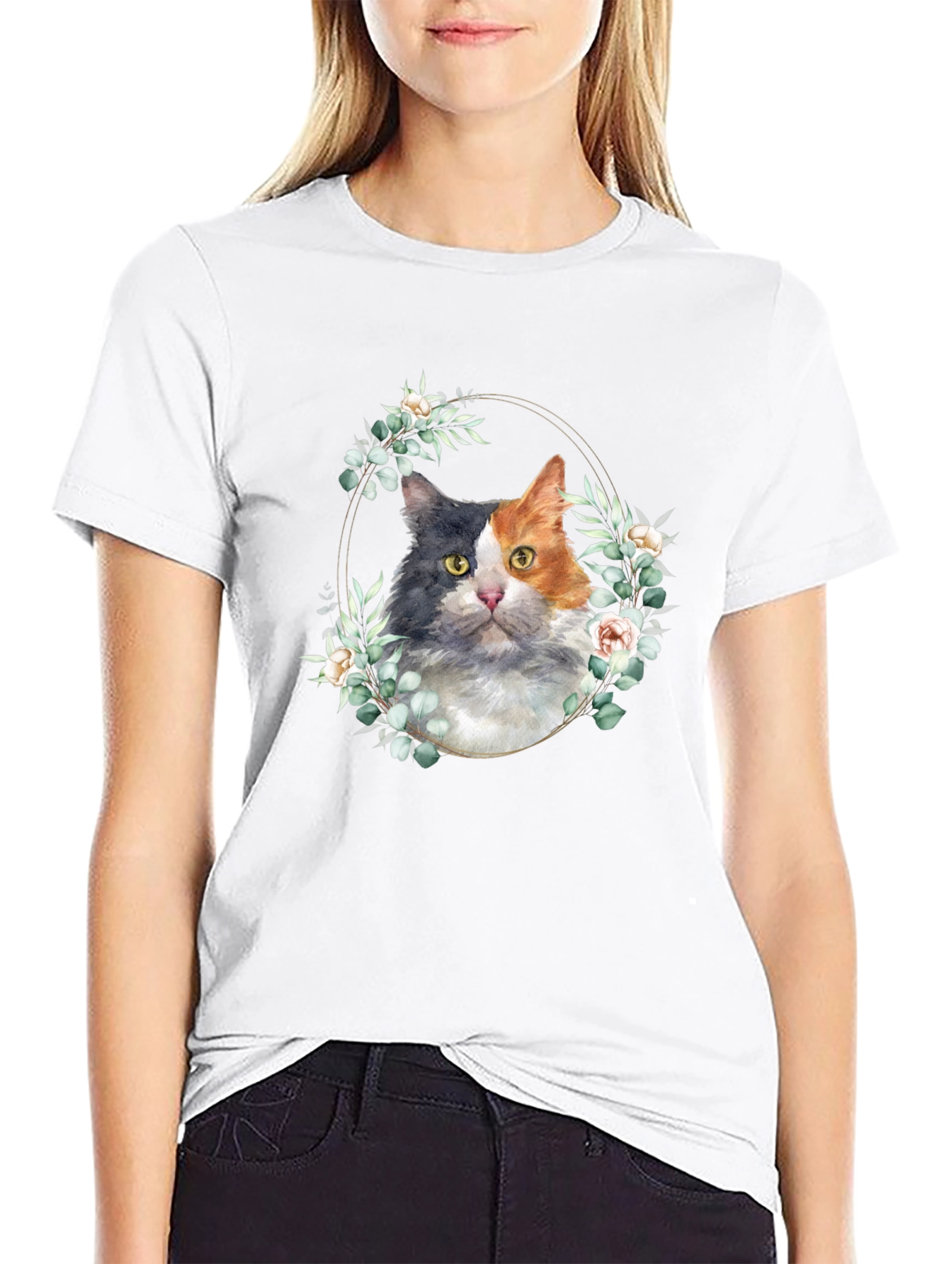 Cat Floral Wreath Graphic Tee - Black