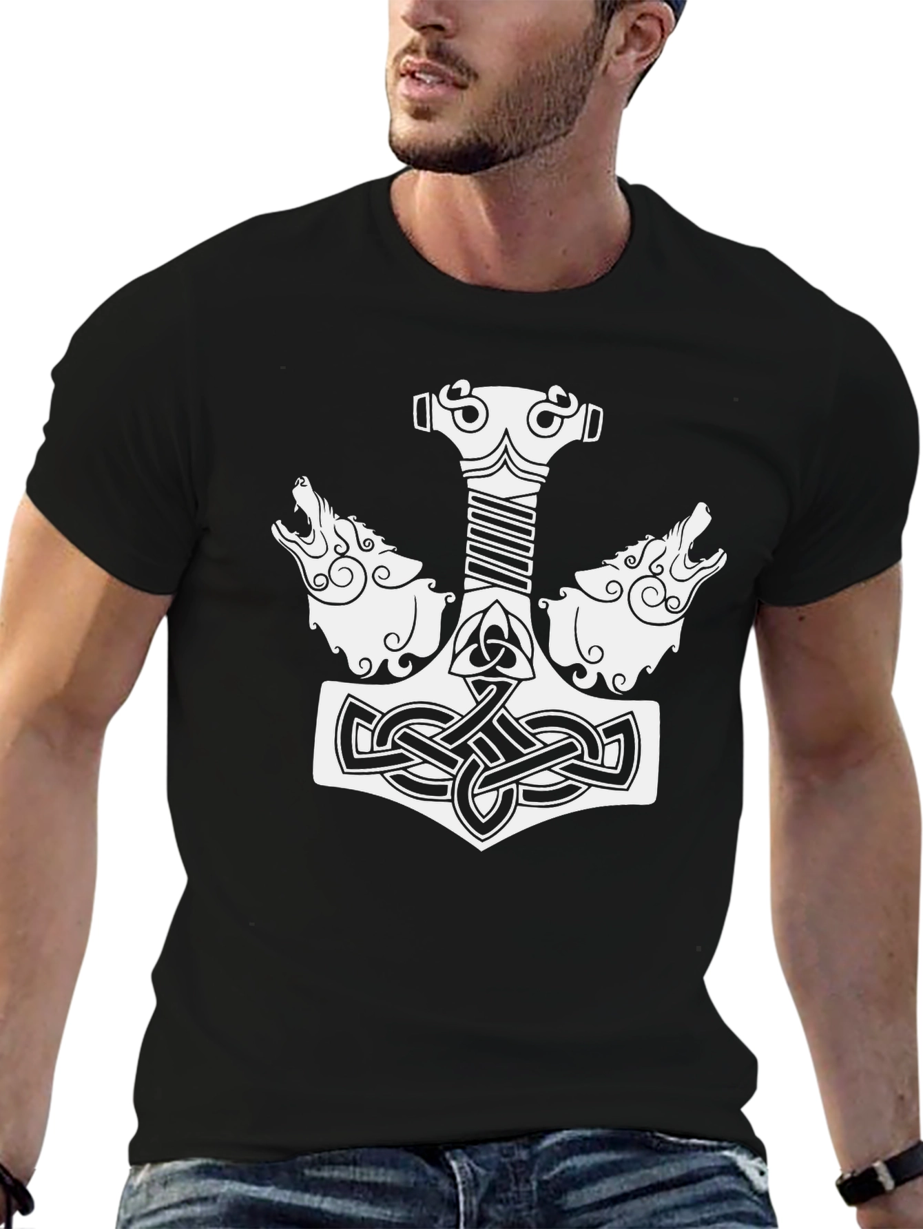 Thors Hammer T-Shirt - Celtic Wolf Design
