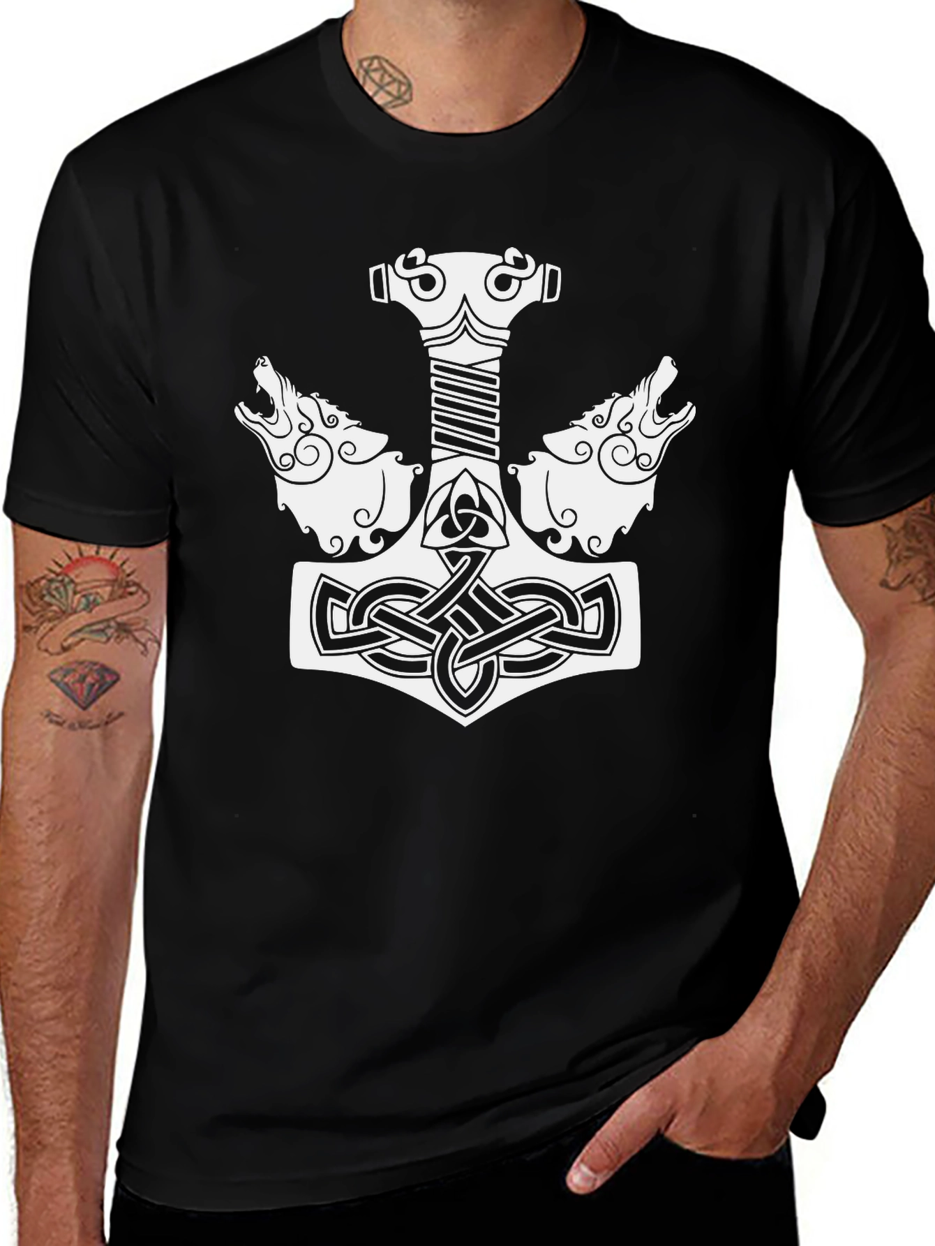 Thors Hammer T-Shirt - Celtic Wolf Design