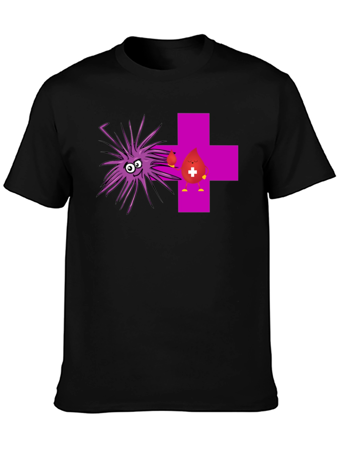 Funny Black T-Shirt with Cartoon Germs and Blood Drop