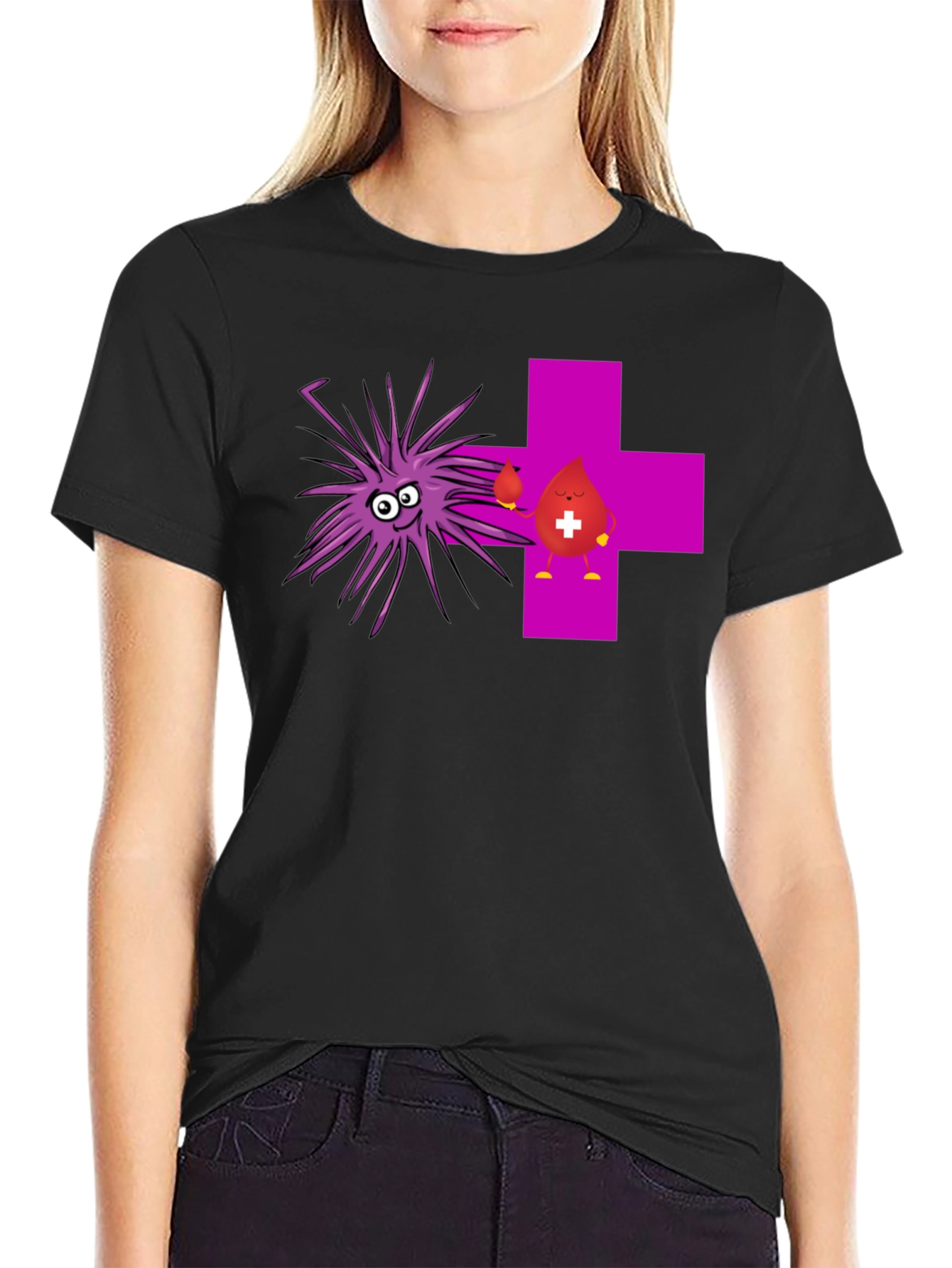 Funny Black T-Shirt with Cartoon Germs and Blood Drop