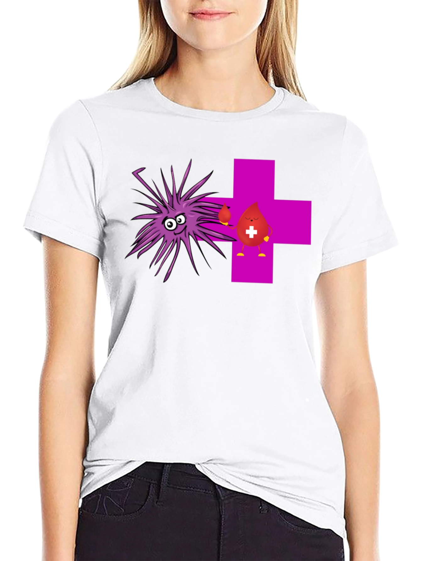 Funny Black T-Shirt with Cartoon Germs and Blood Drop