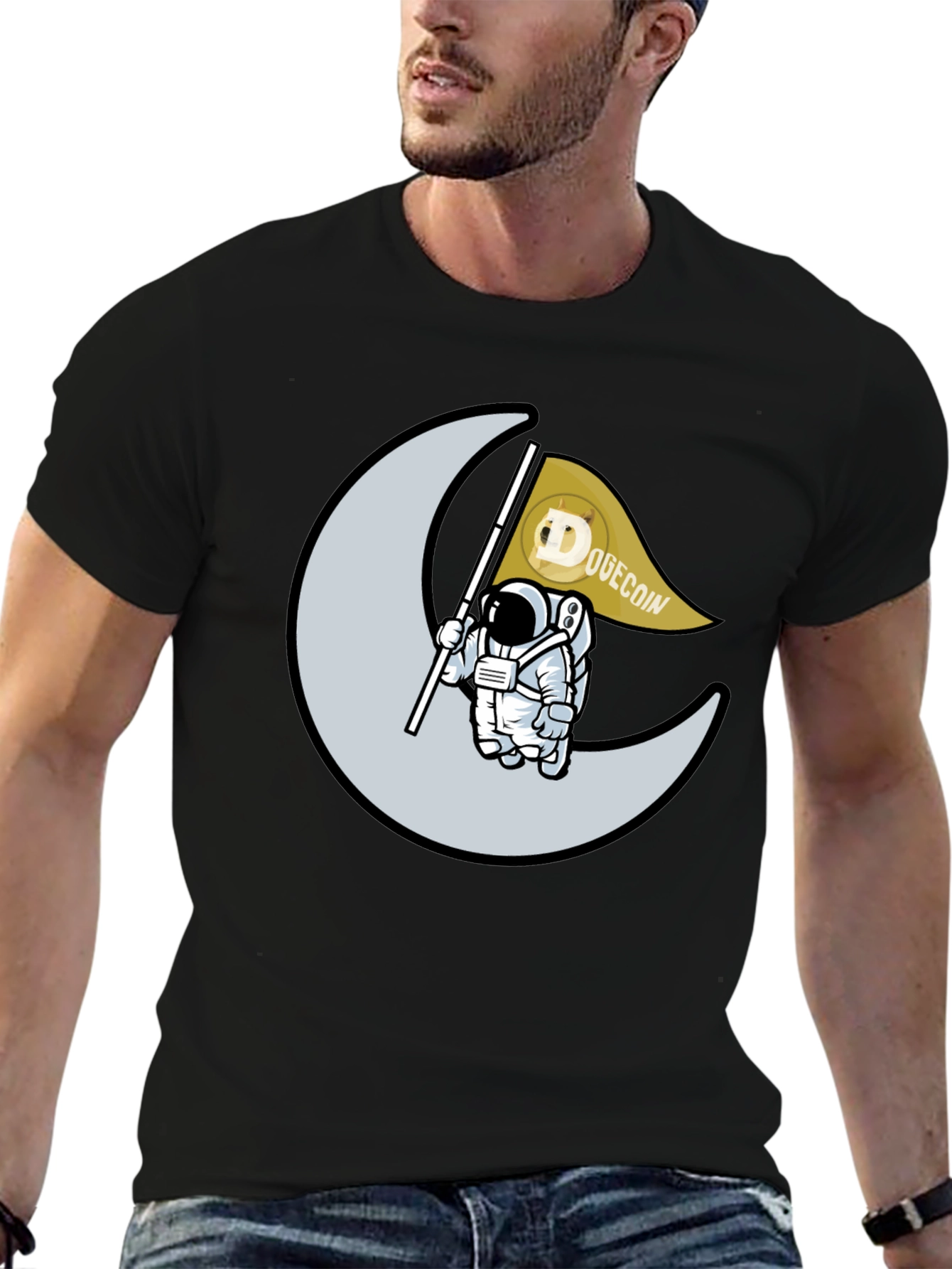 Dogecoin Astronaut Moon Landing Black T-Shirt