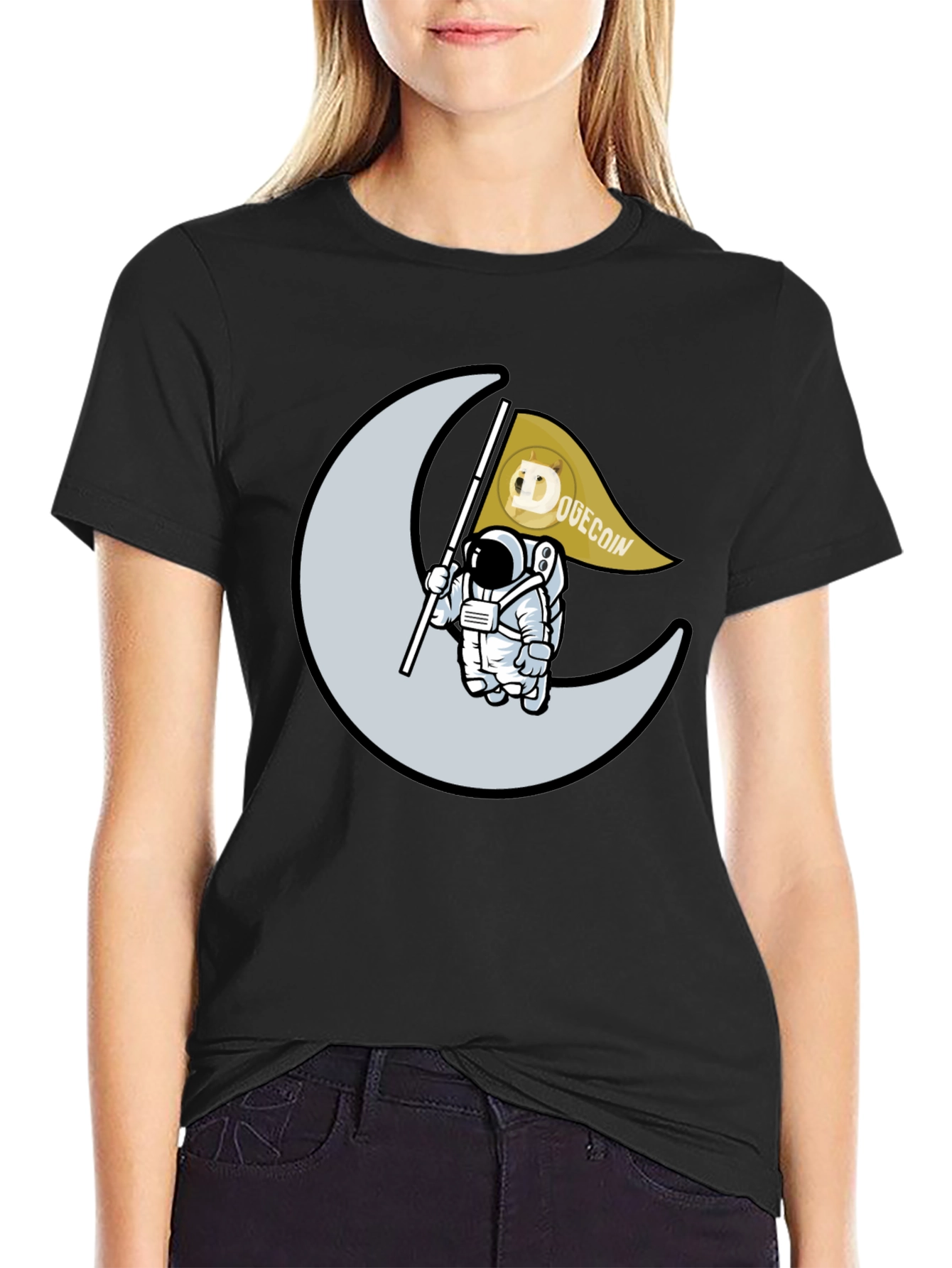 Dogecoin Astronaut Moon Landing Black T-Shirt