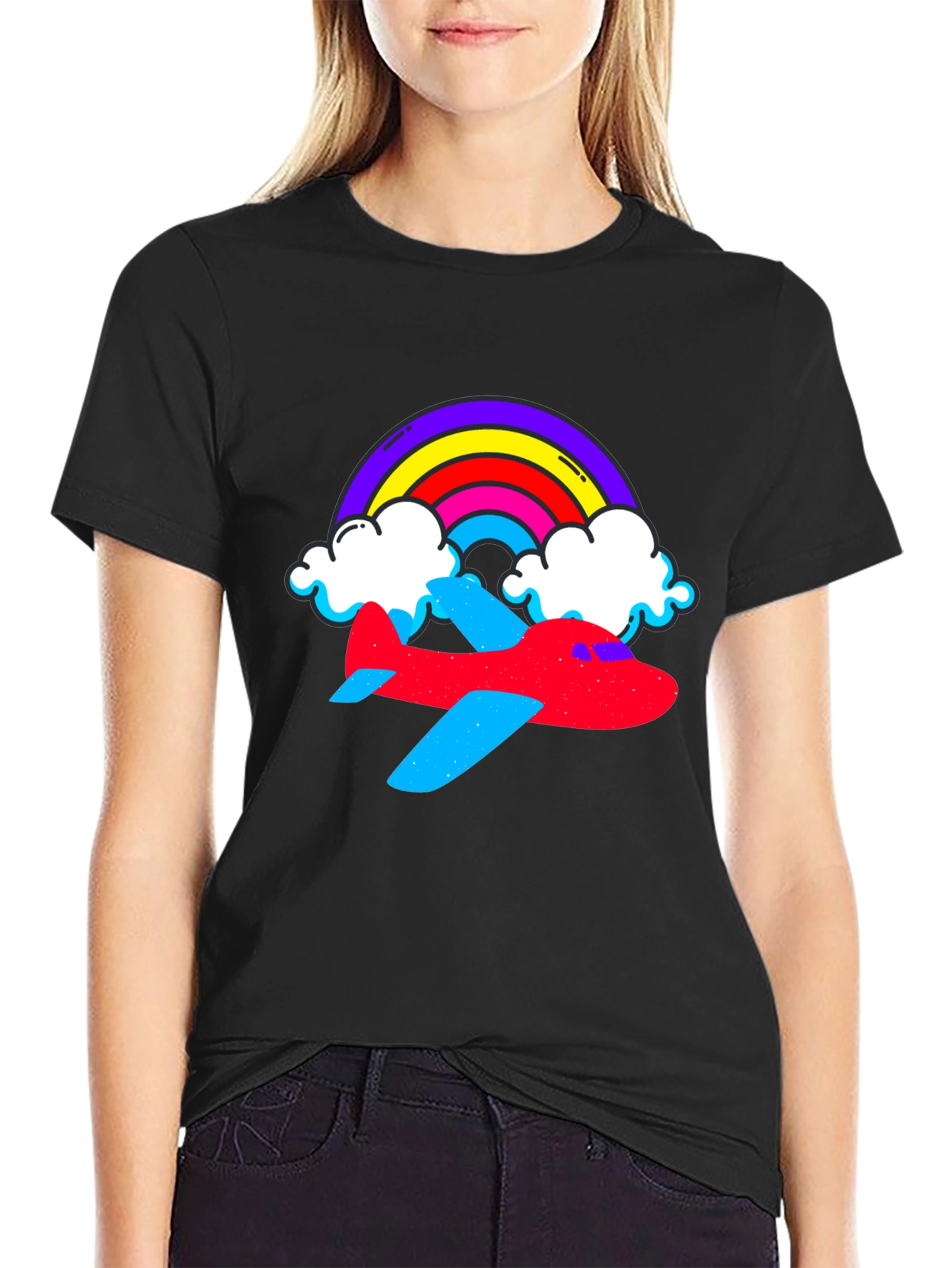 Rainbow Airplane Graphic Tee - Black