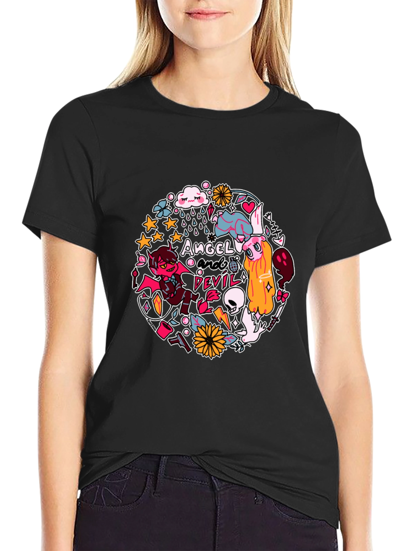 Angel and Devil Graphic Print T-Shirt - Black