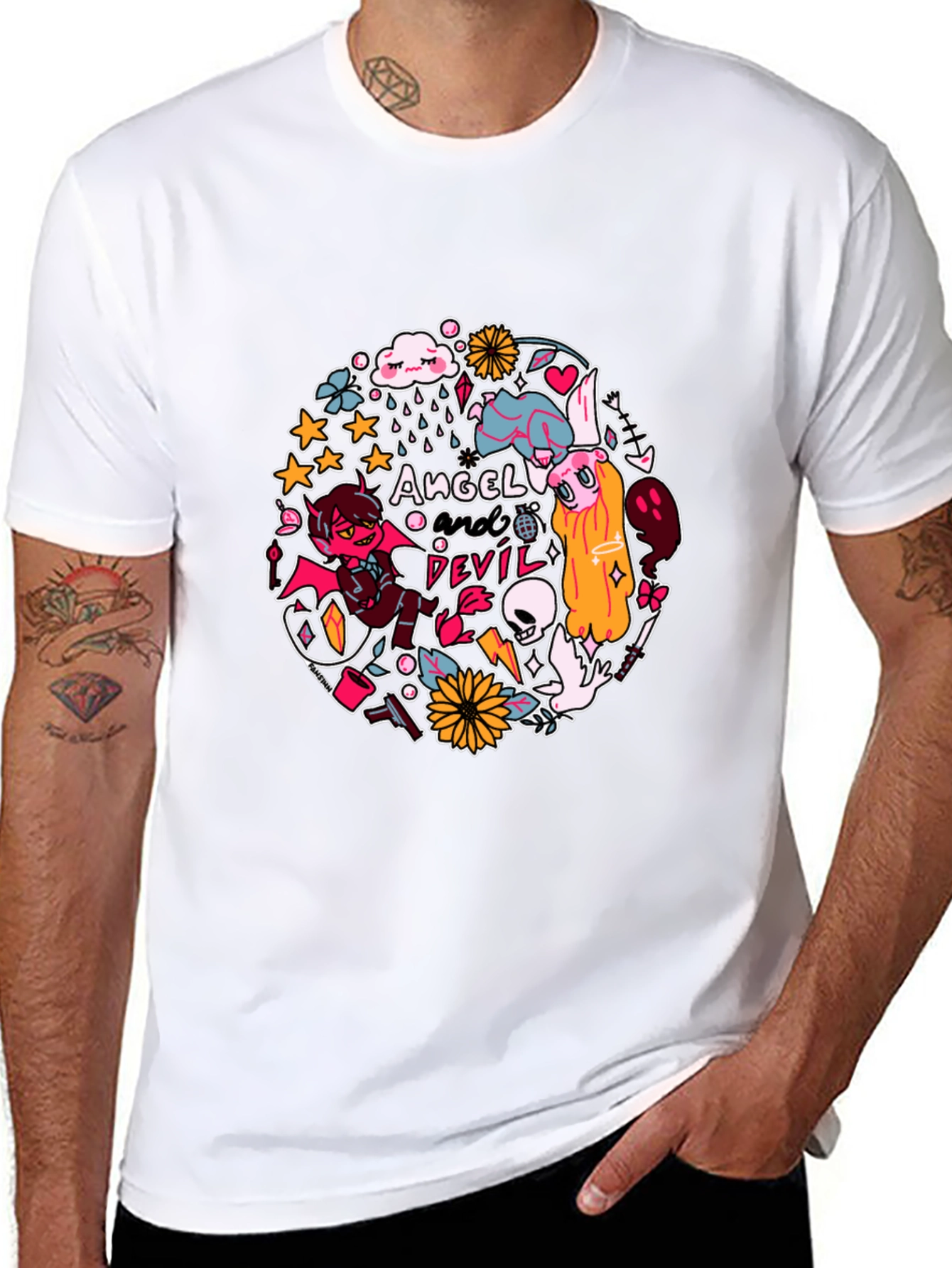 Angel and Devil Graphic Print T-Shirt - Black