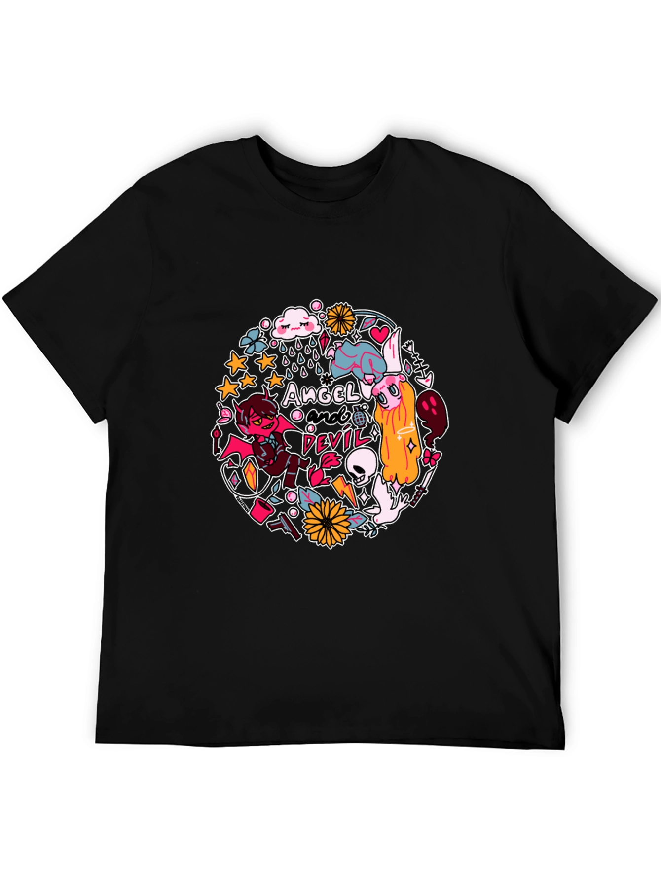 Angel and Devil Graphic Print T-Shirt - Black