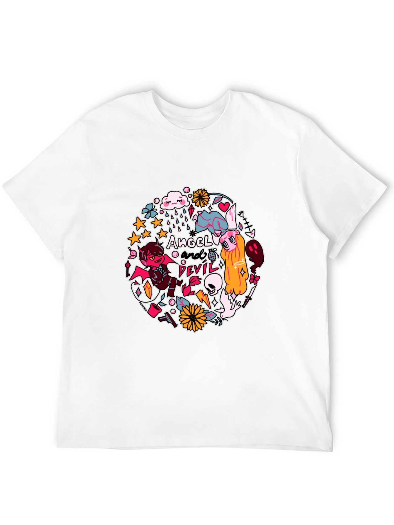 Angel and Devil Graphic Print T-Shirt - Black